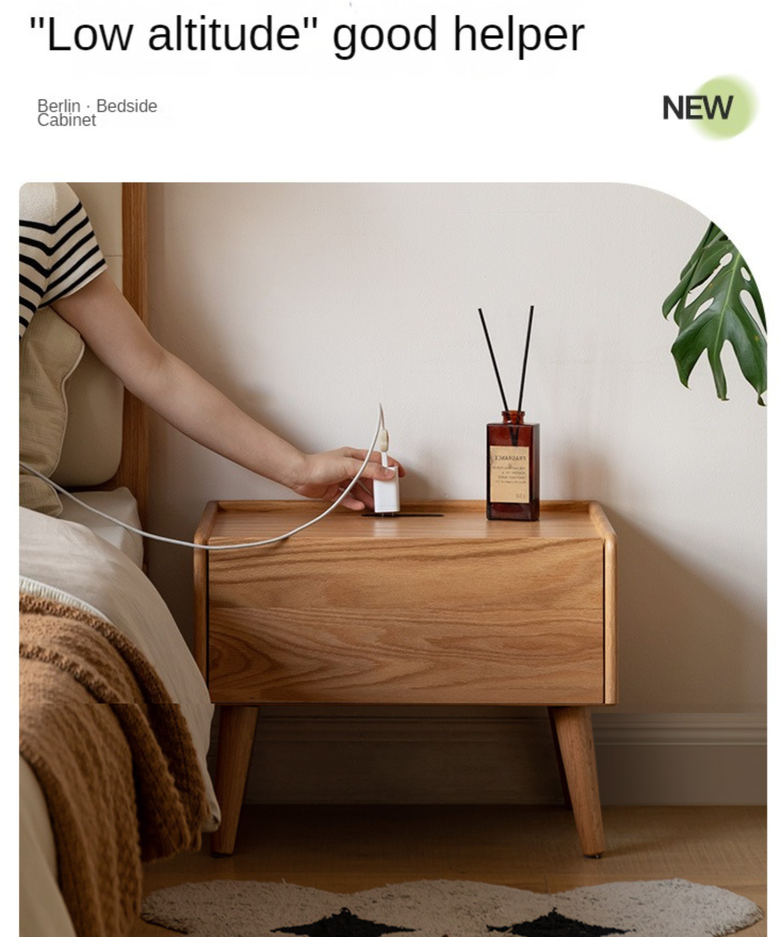 Solid Oak Wood Nightstand with Built-in USB Outlet - Perfect for Bedroom, Living Room, or Office Use