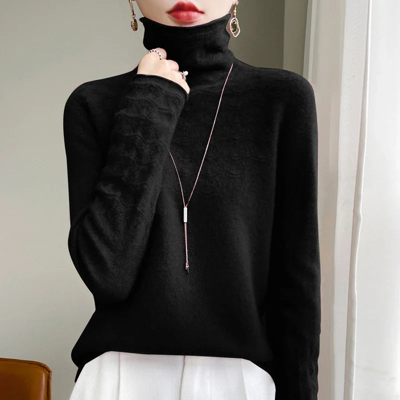 100% Merino Wool Cashmere Jumper - Women's Winter High Neck Pullover Sweater | Long Sleeve Seamless Hollow Knit | Perfect for Office Wear, Date Nights & Cold Weather Layering