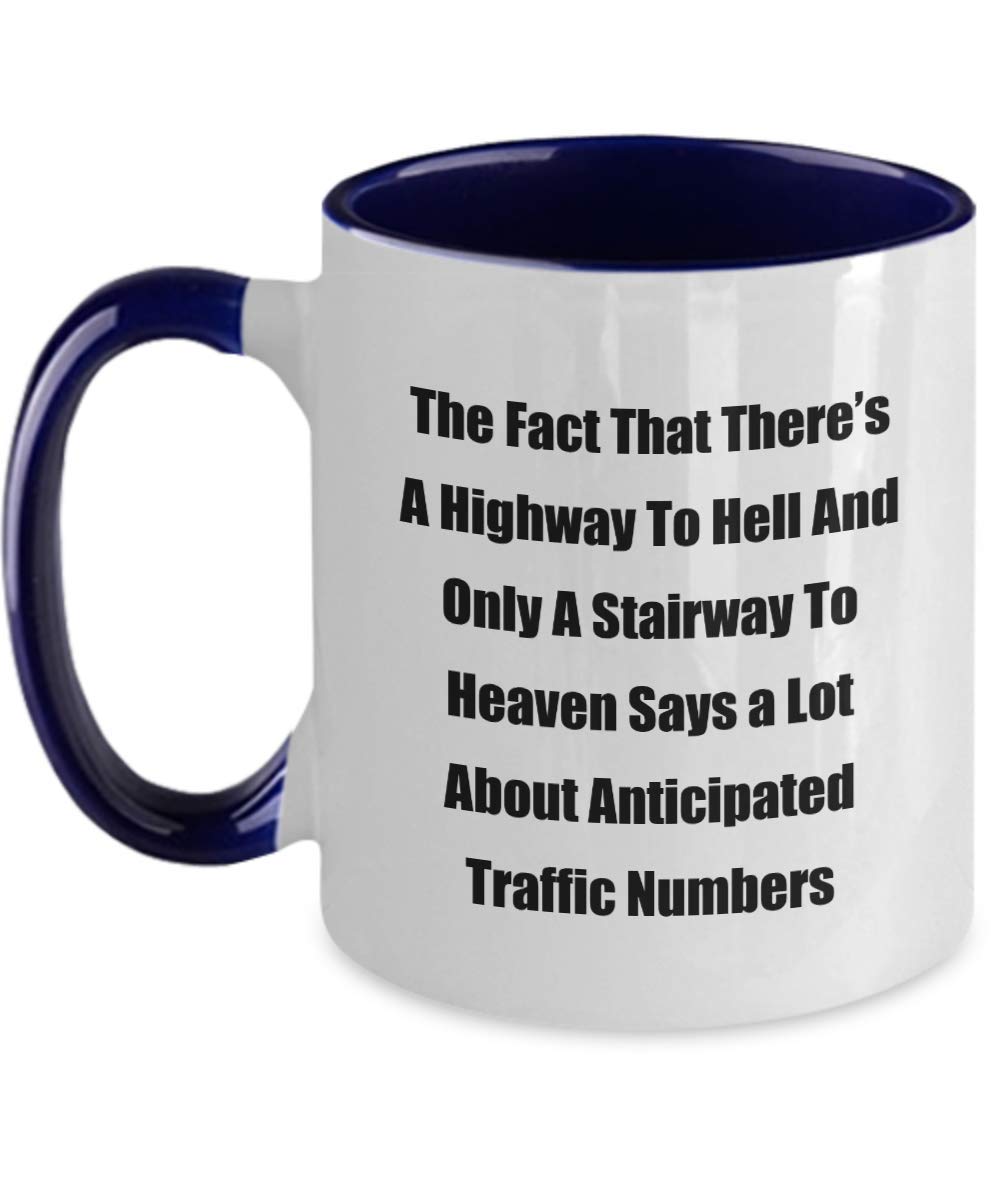 Funny Highway to Hell Coffee Mug - 11oz Navy Two-Tone Ceramic Cup with Sarcastic Quote - Perfect for Office Humor, Gift for Coworkers & Coffee Lovers