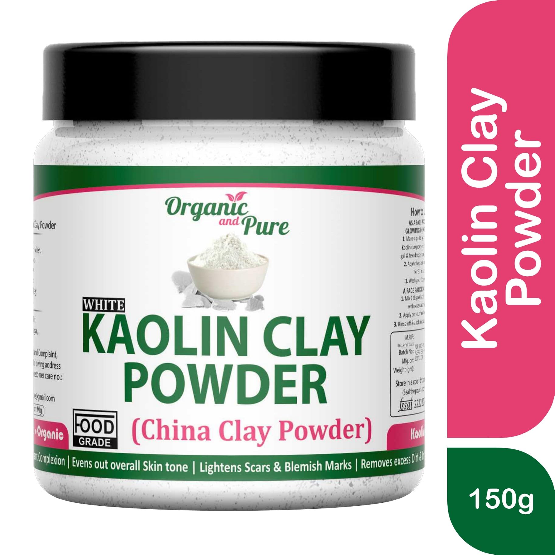 **Organic Kaolin Clay Powder for Skin Whitening & Acne Treatment - 150g Jar - Pure White China Clay for Face, Hair & Body Care - Ideal for DIY Masks, Scrubs & Spa Treatments**