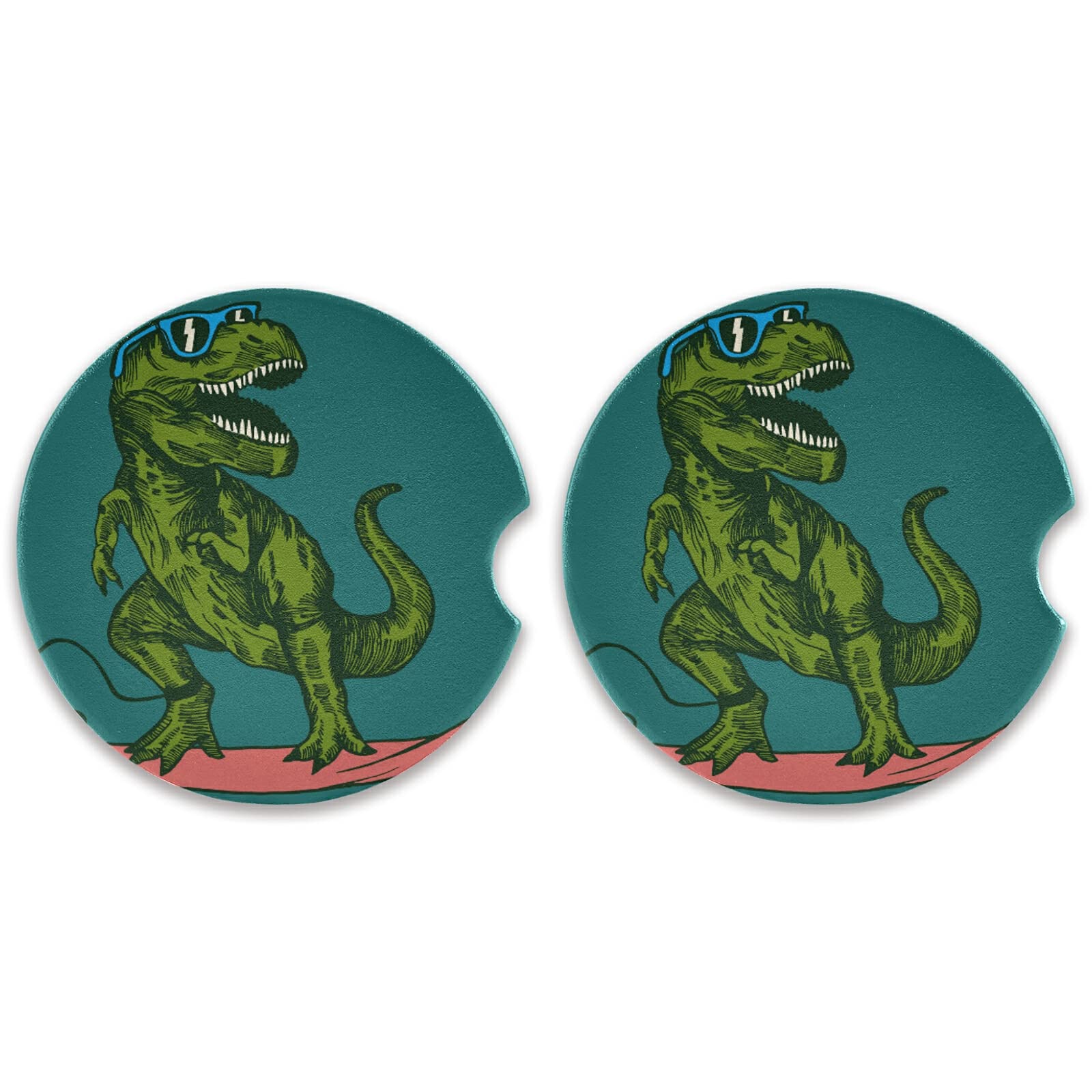 Funny Dinosaur Car Coasters 2 Pack - Absorbent Ceramic Cup Holder Coasters for Drinks - Cute Car Accessories for Men & Women (2.56in) - Perfect for Road Trips, Office Desks & Home Use
