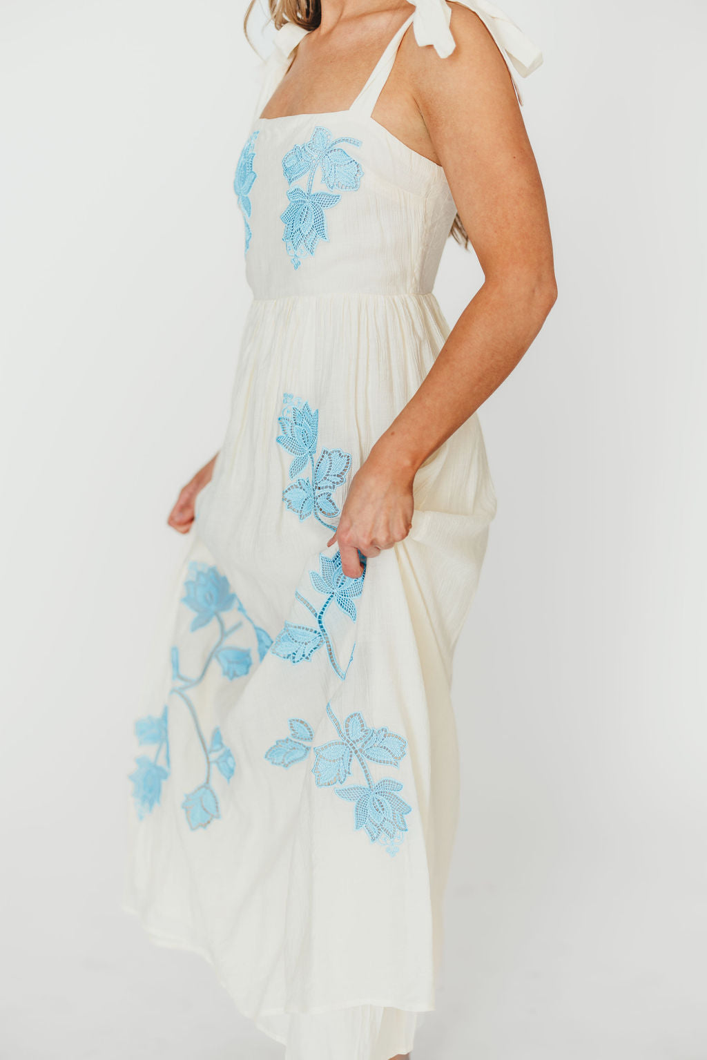 Clementine Embroidered Midi Dress in Cream & Light Blue | Floral Summer Dress for Women | Perfect for Beach Vacations & Garden Parties