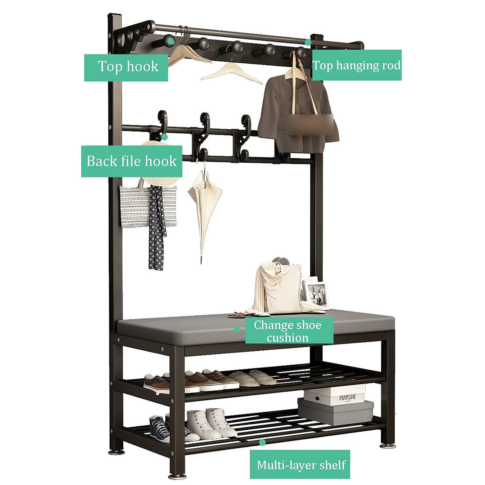 2-Tier Coat Rack Stand with Bench - Portable Metal Clothes Organizer for Hats, Handbags & Shoes | Perfect for Hallway, Bedroom & Entryway Storage Solutions