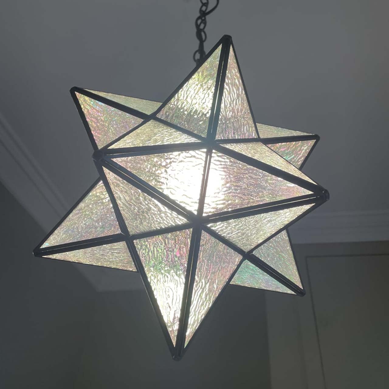 Bieye L10076 Moravian Star Tiffany Style Stained Glass Ceiling Pendant Light - 12-inch Wide Iridescent Glass Lampshade, 51-inch Tall Chain - Elegant Dining Room & Living Room Lighting Fixture