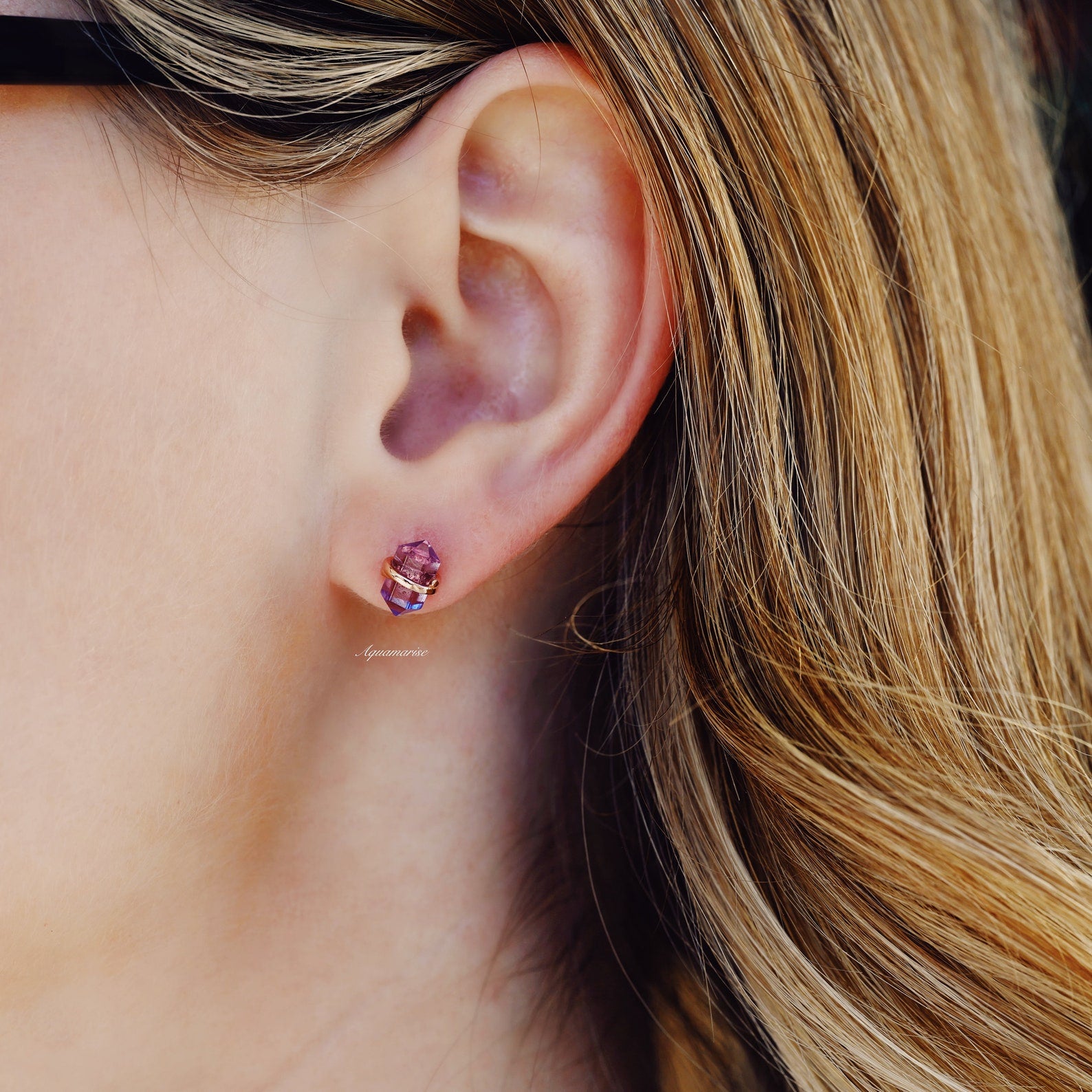 Minimalist Raw Alexandrite Stud Earrings 14K Rose Gold Vermeil - Elegant Everyday Jewelry for Women, Perfect Gift for Birthdays & Anniversaries