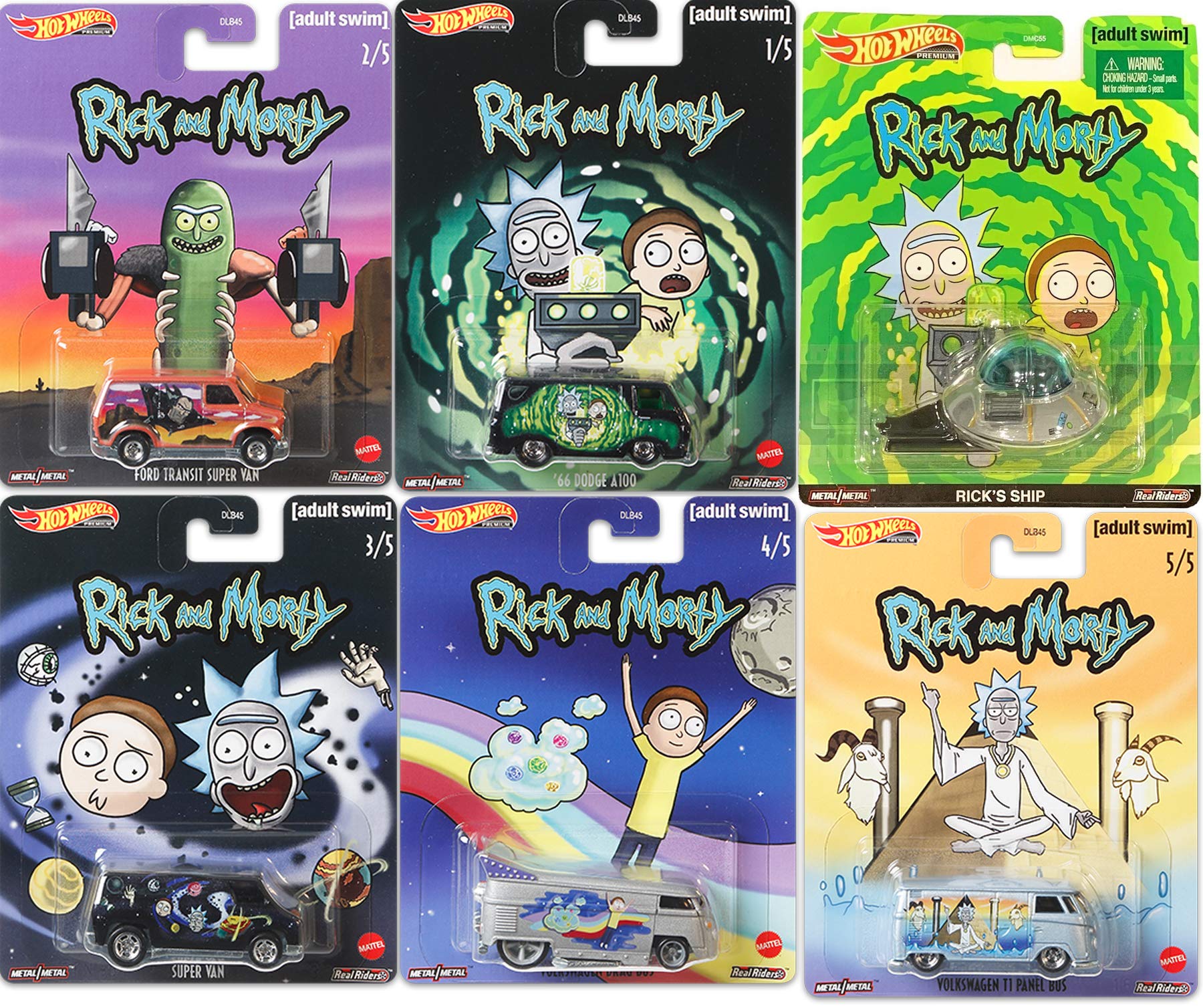 Hot Wheels Galactic Rick & Morty Die-Cast Car Collection - 6-Piece Set with VW Bus, T1 Van, Ford Transit & UFO Spaceship | Premium Pop Culture Toys for Collectors & Fans | Perfect for Display, Gifts & Play