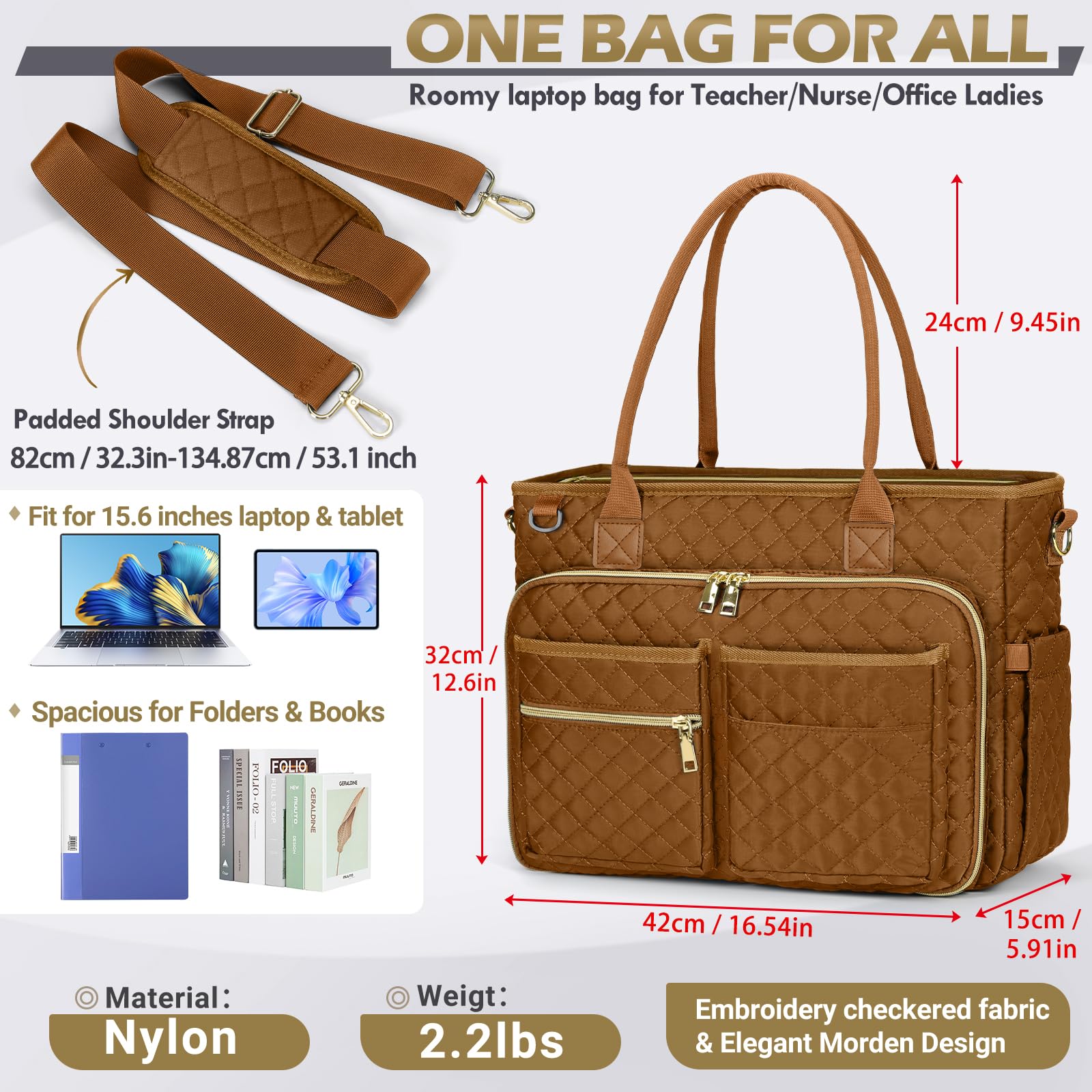 RAINSMORE Professional 15.6 Inch Laptop Tote Bag for Women - Water-Resistant Work Bag with Insulated Pocket, Teacher Nurse Messenger Briefcase for Office, College & Business - Perfect for Work Commute & Business Travel (Brown)
