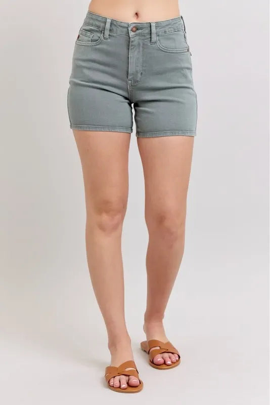 Judy Blue Women's Plus Size Garment Dyed Shorts with Back Pocket Embroidery - Comfortable Casual Wear for Summer Outings & Beach Vacations