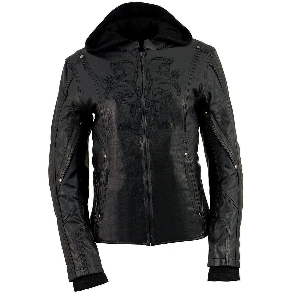 Milwaukee Leather ML2066 Women's 3/4 Black Leather Hoodie Jacket with Reflective Tribal Design - Stylish Biker Jacket for Motorcycle Riding & Urban Fashion