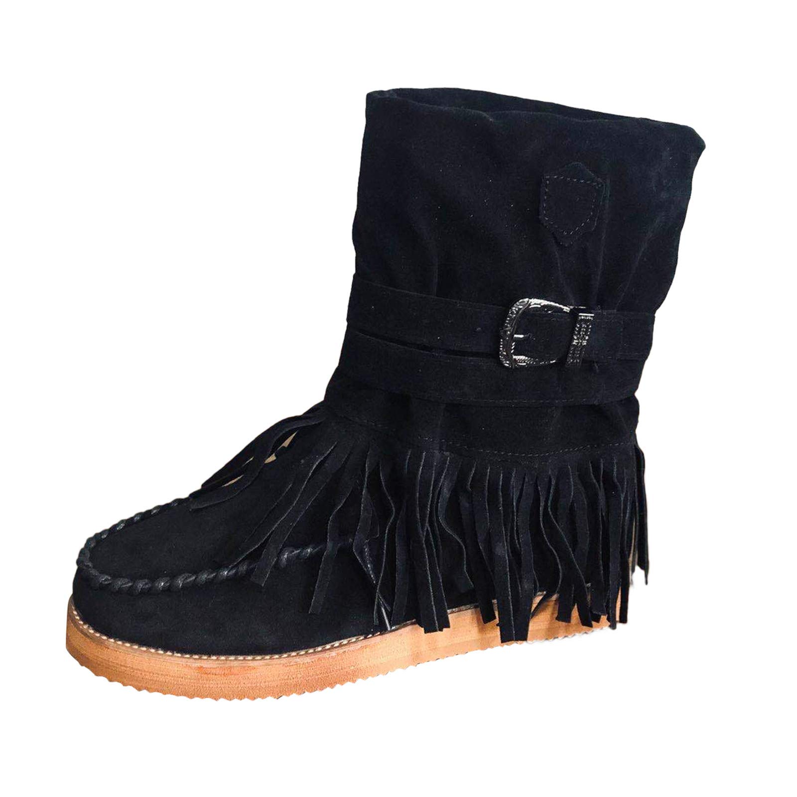 Women's Retro Suede Fringe Ankle Boots - Round Toe Slip-On Platform Booties with Buckle Detail | Roman Winter Walking Shoes for Casual Outfits & Cold Weather Fashion