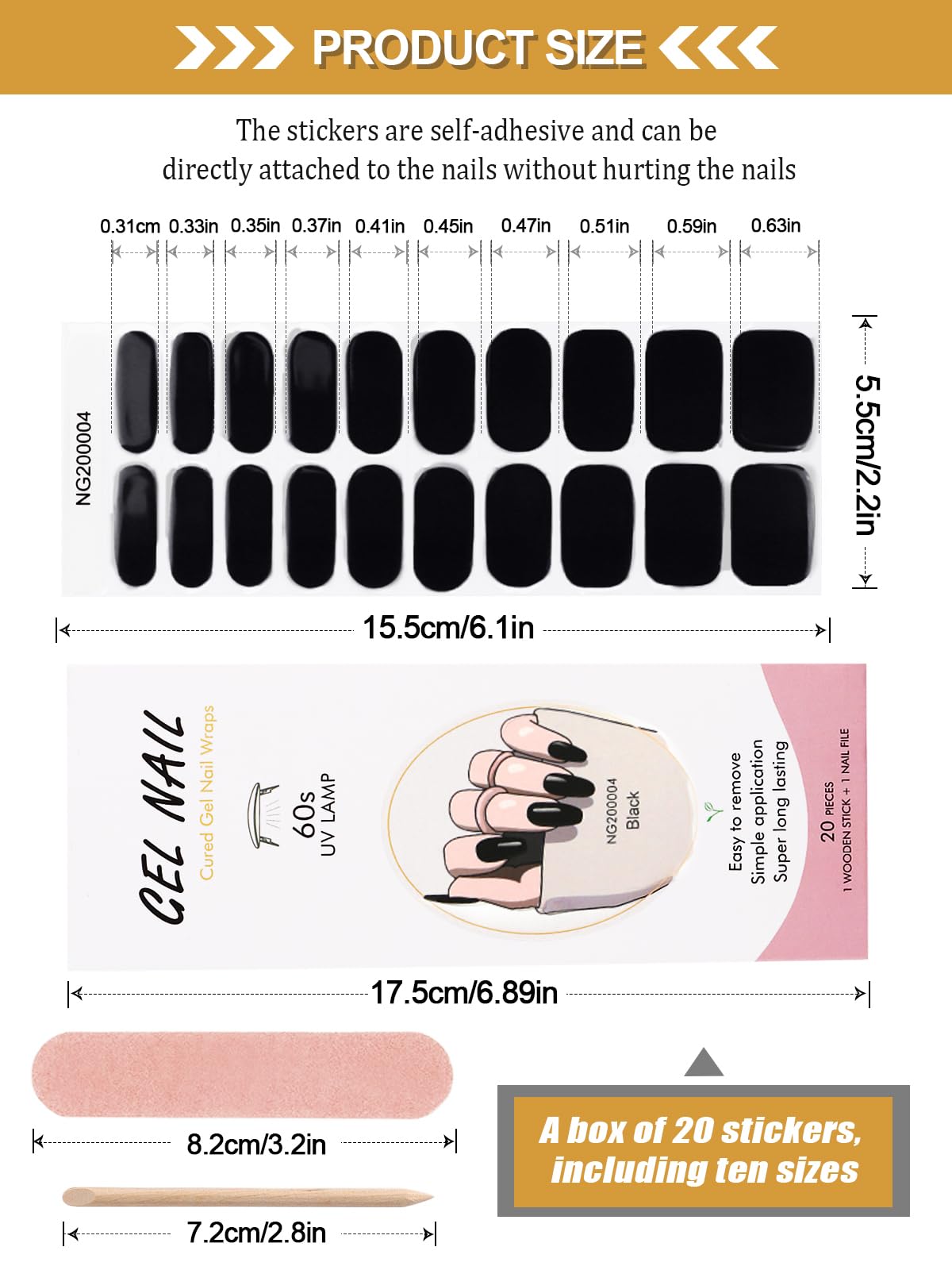 20PCS Gel Nail Polish Strips - Long Lasting Adhesive Nail Wraps with Nail File & Stick | Waterproof DIY Nail Art Stickers for UV/LED Lamp | Perfect for Salon, Home Manicure & Party Nail Designs