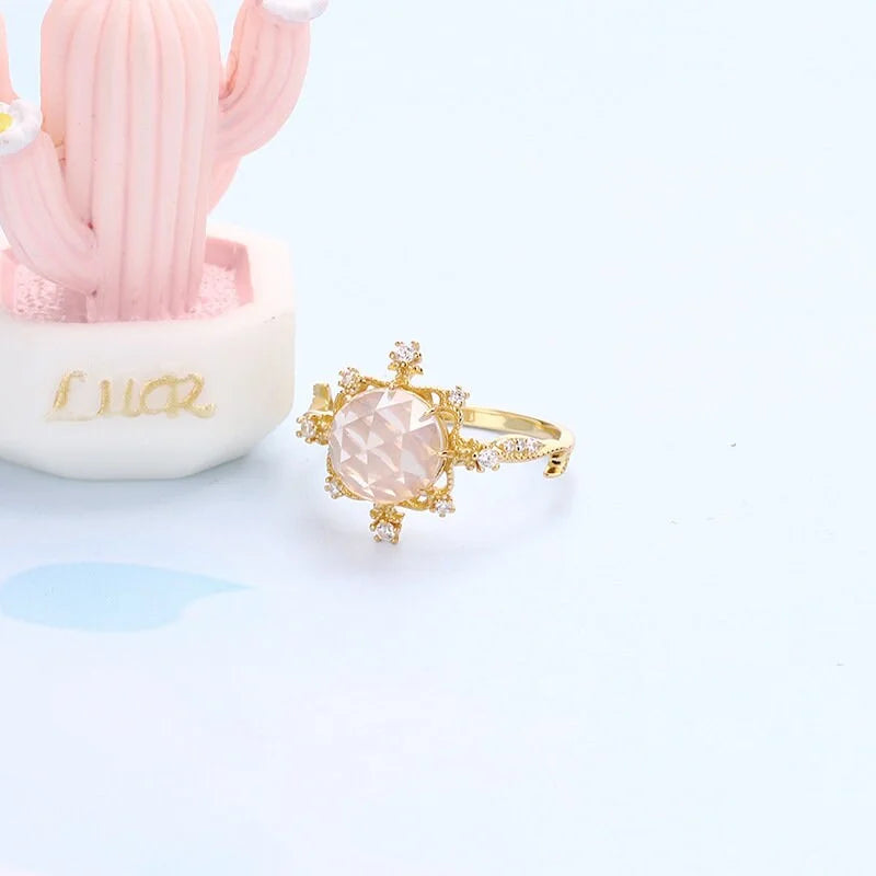 Natural Rose Quartz Gold Ring for Women - Elegant Pink Wedding Band, Romantic Jewelry Gift for Her | Perfect for Engagement, Anniversary & Special Occasions | HJZB 002 01