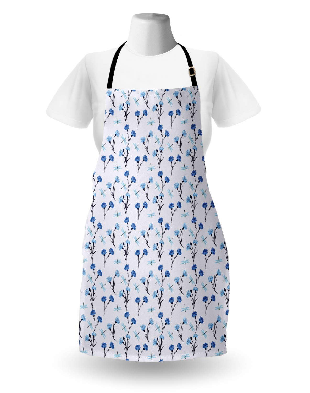 Ambesonne Floral Apron - Cornflowers & Dragonflies - Unisex Kitchen Bib for Cooking & Gardening