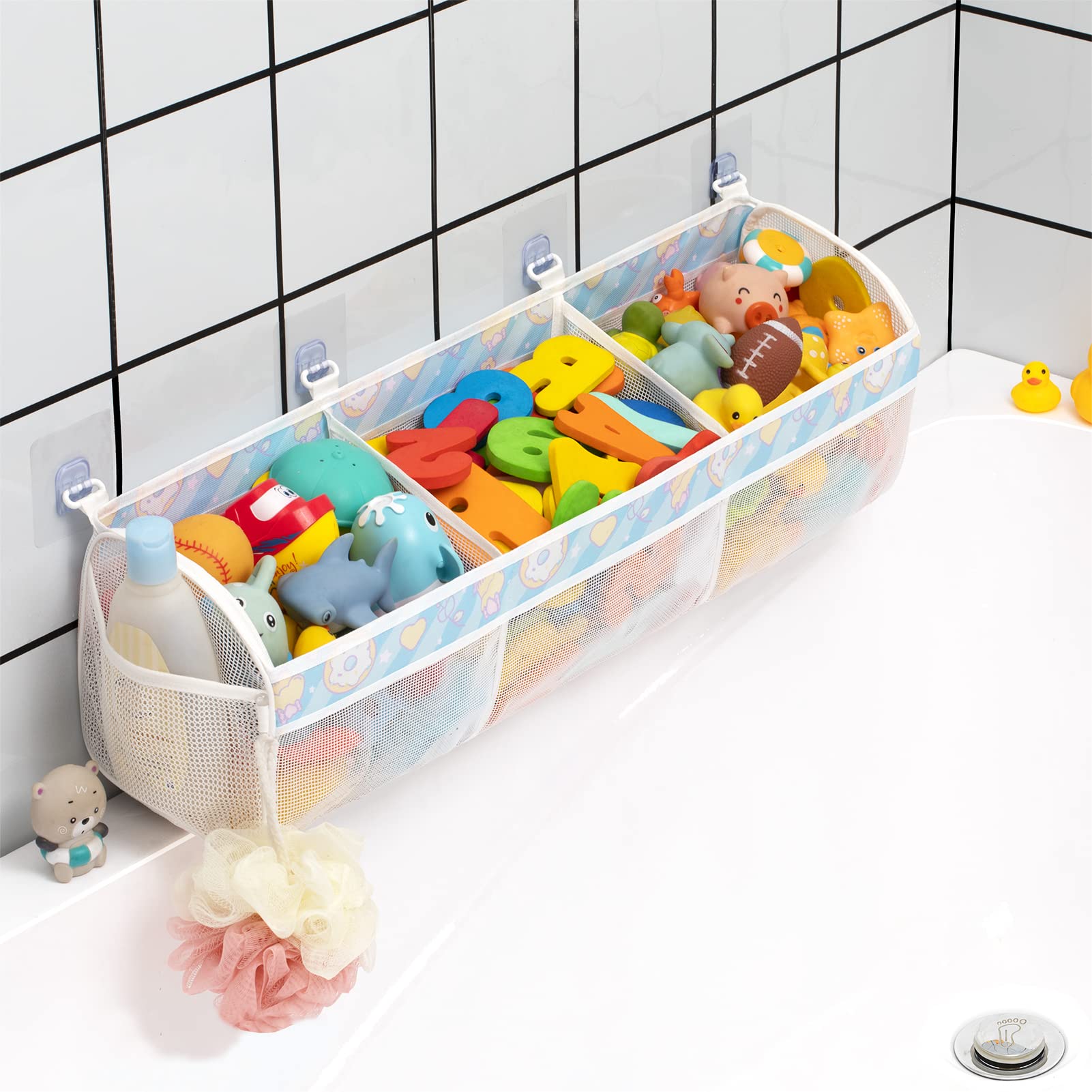 **Austion Extra Large Mesh Bath Toy Organizer with Quick-Drying Openings – Breathable Baby Toy Storage for Tub – Perfect for Bath Time Organization & Easy Drying (Blue)**    *(Ideal for keeping bath toys tidy, dry, and mold-free – great for kids' bathtubs, showers, and poolside storage!)*