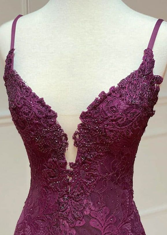 Elegant Mermaid Grape Lace Long Prom Dress with High Slit - Formal Evening Gown for Homecoming, Wedding, Party J6556 | Perfect for Special Occasions & Red Carpet Events