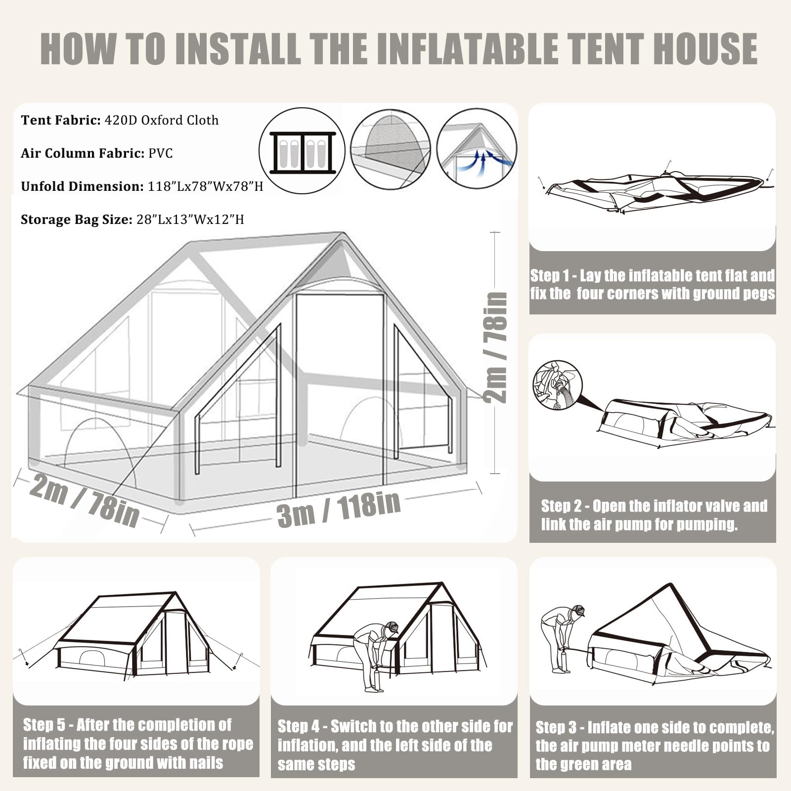 Inflatable Camping Tent for 2-6 Person - 4 Season Waterproof Windproof Cabin Tent with Hand Pump, Mesh Windows & Doors - Easy Setup Portable Blow Up Tent for Outdoor Adventures, Family Trips & Backpacking