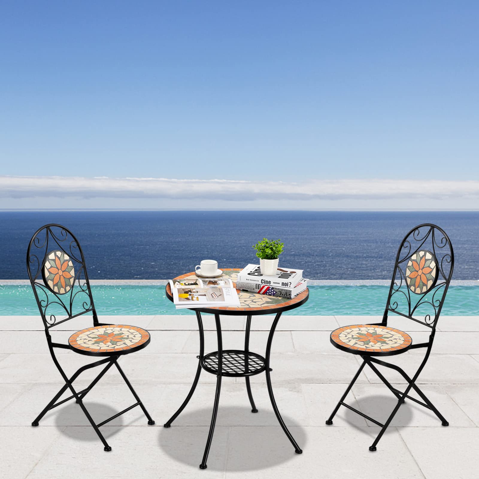 VINGLI 3-Piece Outdoor Bistro Set - Black Iron Frame Mosaic Garden Patio Table with 2 Folding Chairs | Perfect for Backyard, Balcony, Poolside & Cafe Dining