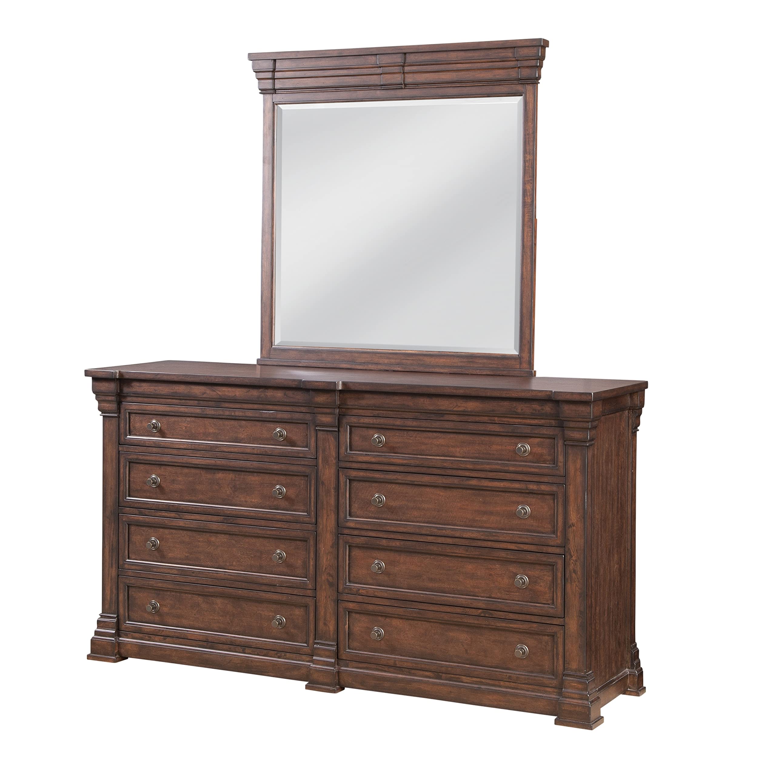 Traditional Tobacco Brown Wood 8-Drawer Dresser with Mirror - Transitional Style with Stained Felt Lined Top Drawer - Perfect for Bedroom, Living Room or Office Storage Organization