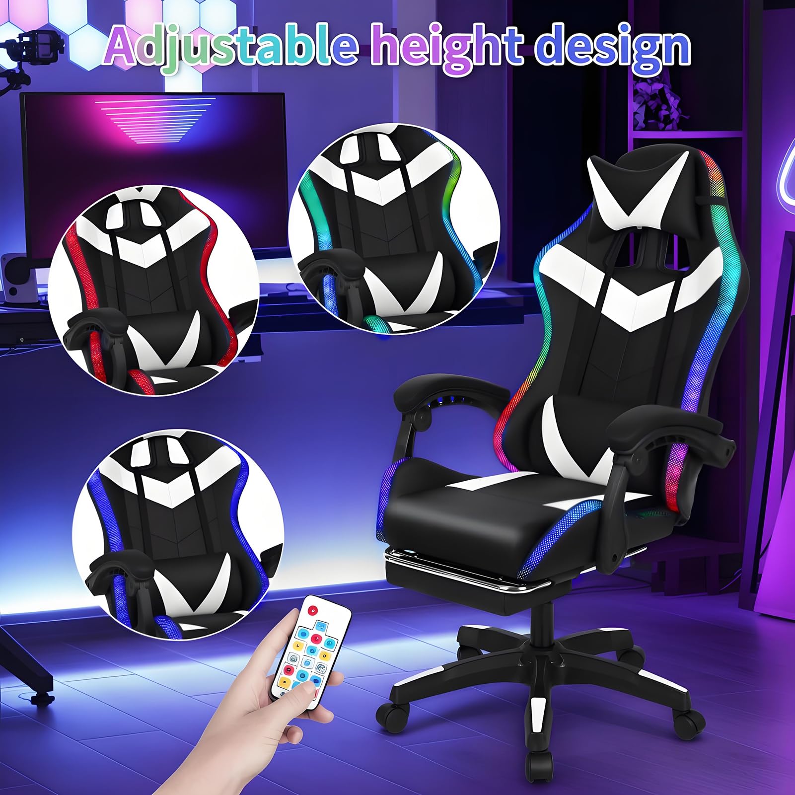 Ergonomic Gaming Chair with Footrest, Bluetooth Speakers & RGB Lights - Office Massage Chair with Pocket Spring Cushion for Adults (350lbs Capacity) - Perfect for PC Gaming, Home Office & Streaming (White & Black)