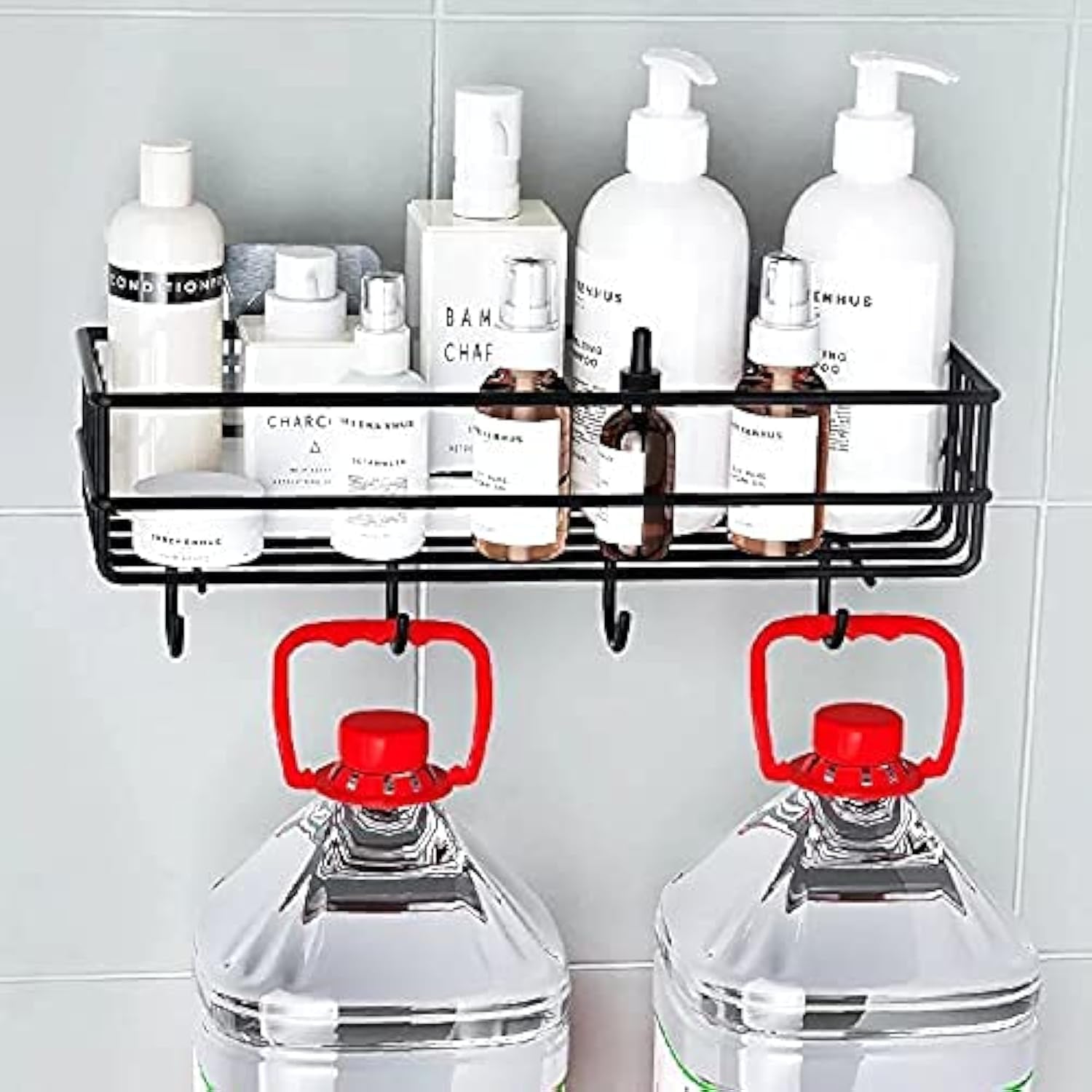 Dizgoy Adhesive Shower Caddy Shelf - Rustproof Metal Bathroom Organizer with 4 Hooks for Shampoo, Soap & Kitchen Storage - Space Saving Wall Mounted Basket (Black) - Perfect for Small Bathrooms & Apartments