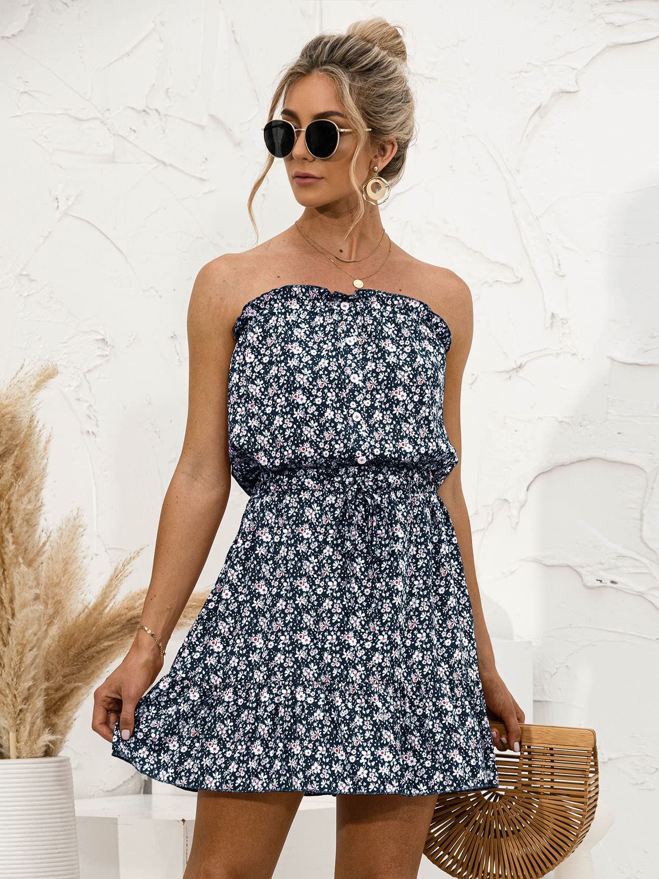 2022 Women's Floral Print Knot Ruffle Hem Tube Dress - Cute Mini Summer Party & Beach Dress for Casual Outings, Vacations, and Night Out