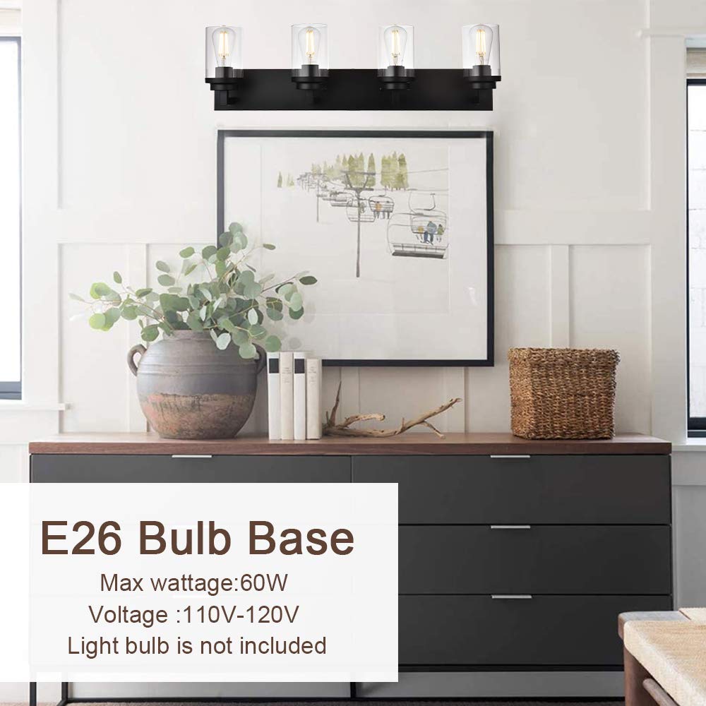 MELUCEE 4-Light Farmhouse Vanity Lights - Black Industrial Wall Mount Bathroom Mirror Lighting with Clear Glass Shade - Perfect for Bedroom, Kitchen, Hallway & Bathroom Decor