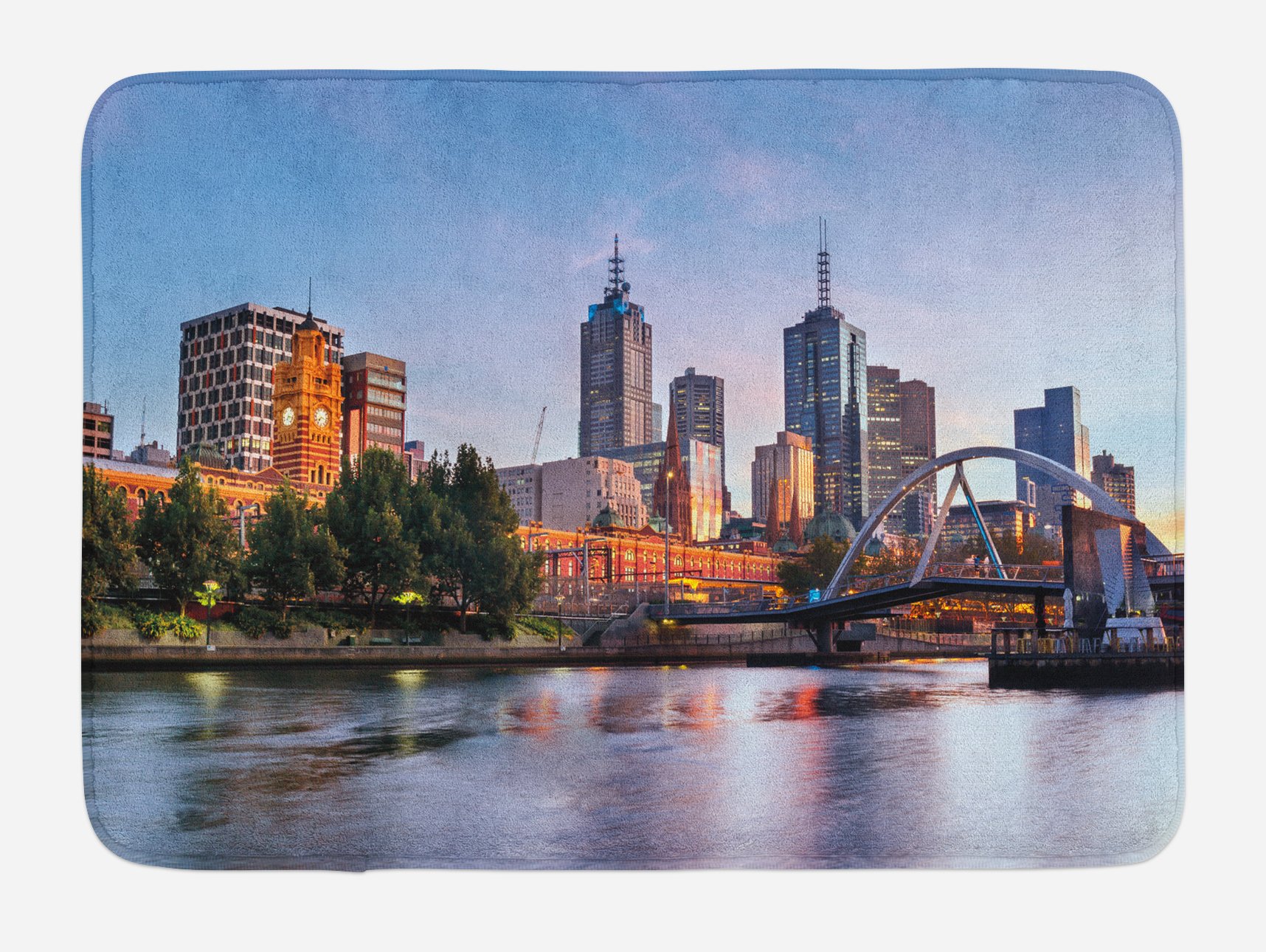 Ambesonne Non-Slip Plush Bath Mat - Melbourne Yarra River Scenic Design, 30.2x20 Inches, Orange Green Pale Blue - Soft Bathroom Rug for Home Decor, Perfect for Showers & Spa Relaxation