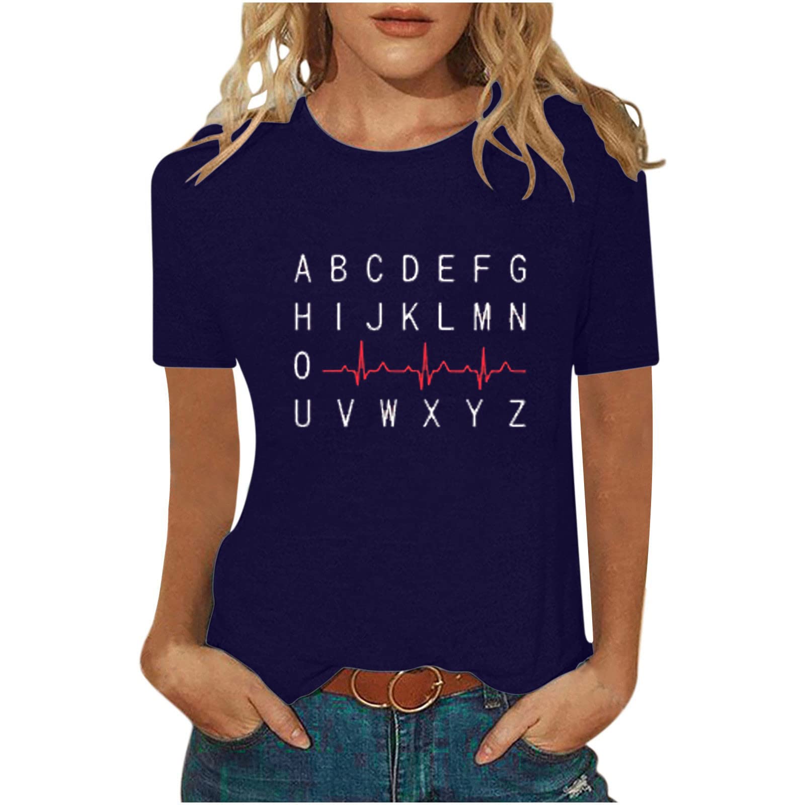 Yoeyez Women's Funny A-Z Letter Print T-Shirt - Casual Short Sleeve Crewneck Tee, Loose Fit Summer Basic Top | Perfect for Casual Wear, Parties, and Gifts