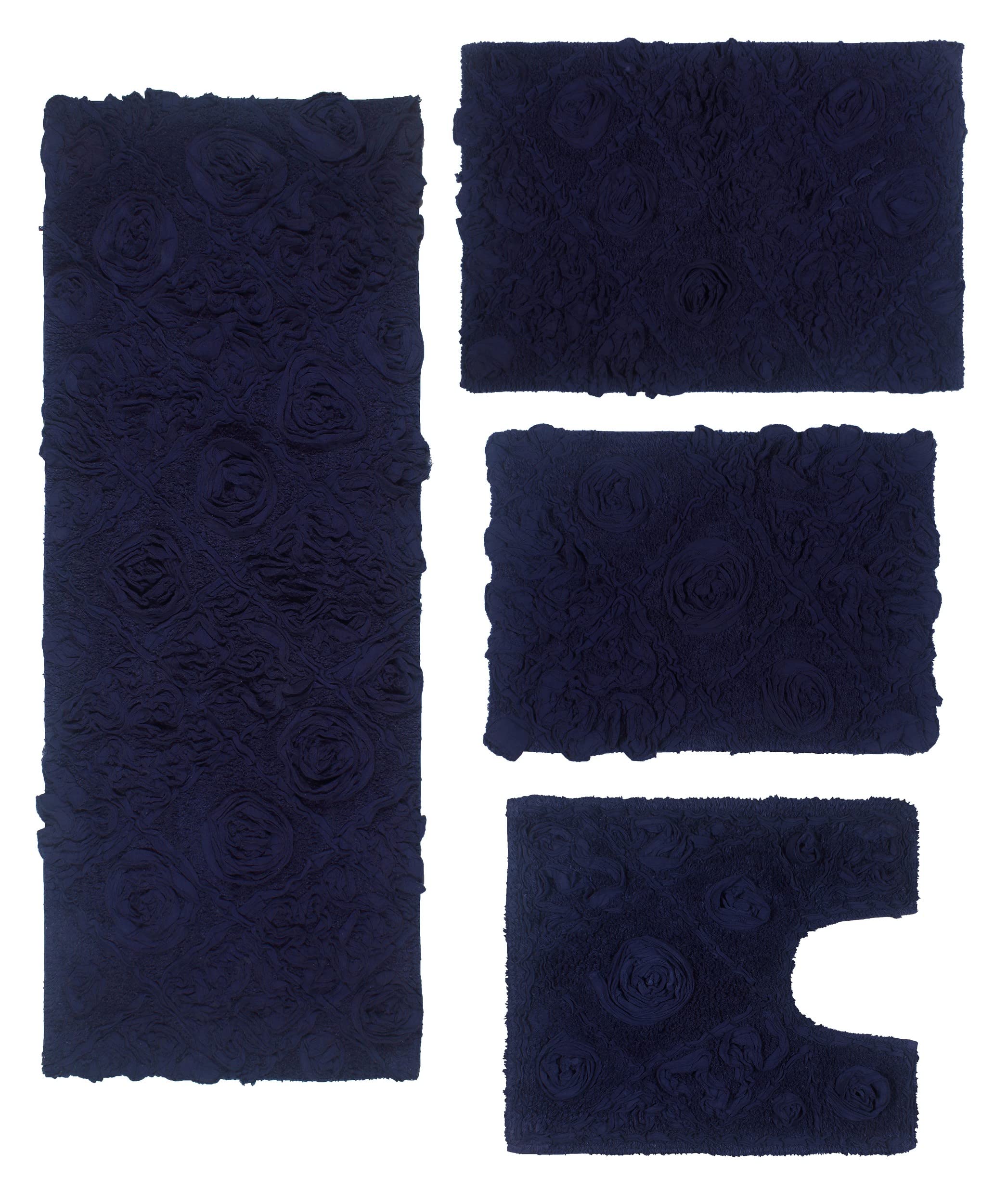 Premium 100% Cotton Bath Rug Set - Ultra Soft & Absorbent Non-Slip Bathroom Mats with Runner - Washable 4-Piece Collection for Bathroom & Kitchen Floor - Navy Blue Home Decor