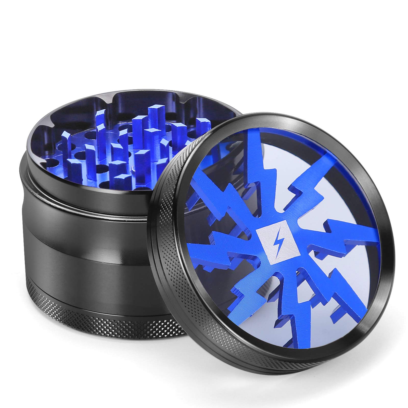 Premium 63mm 4-Layer Blue Herb Grinder with Clear Cover, Magnetic Lid, Pollen Scraper & Sifter - Portable Weed Grinder for Herbs, Spices & Tobacco - Perfect for Home Use, Travel & Outdoor Activities