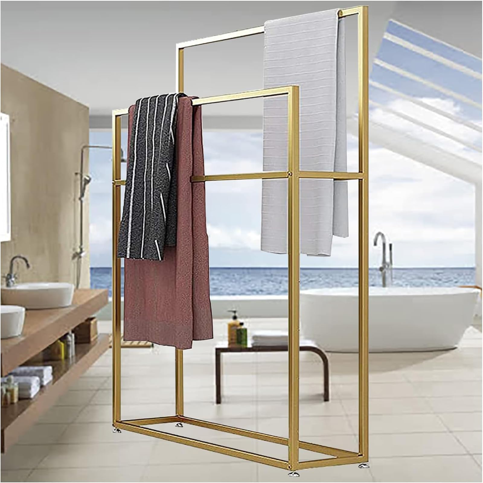 Sturdy Free Standing Towel Rack - Heavy Duty Metal Towel Holder Stand for Bathroom, Kitchen, Laundry Room - Rust-Resistant Gold Finish (65×20×110cm) - Perfect for Spa, Gym & Luxury Home Decor
