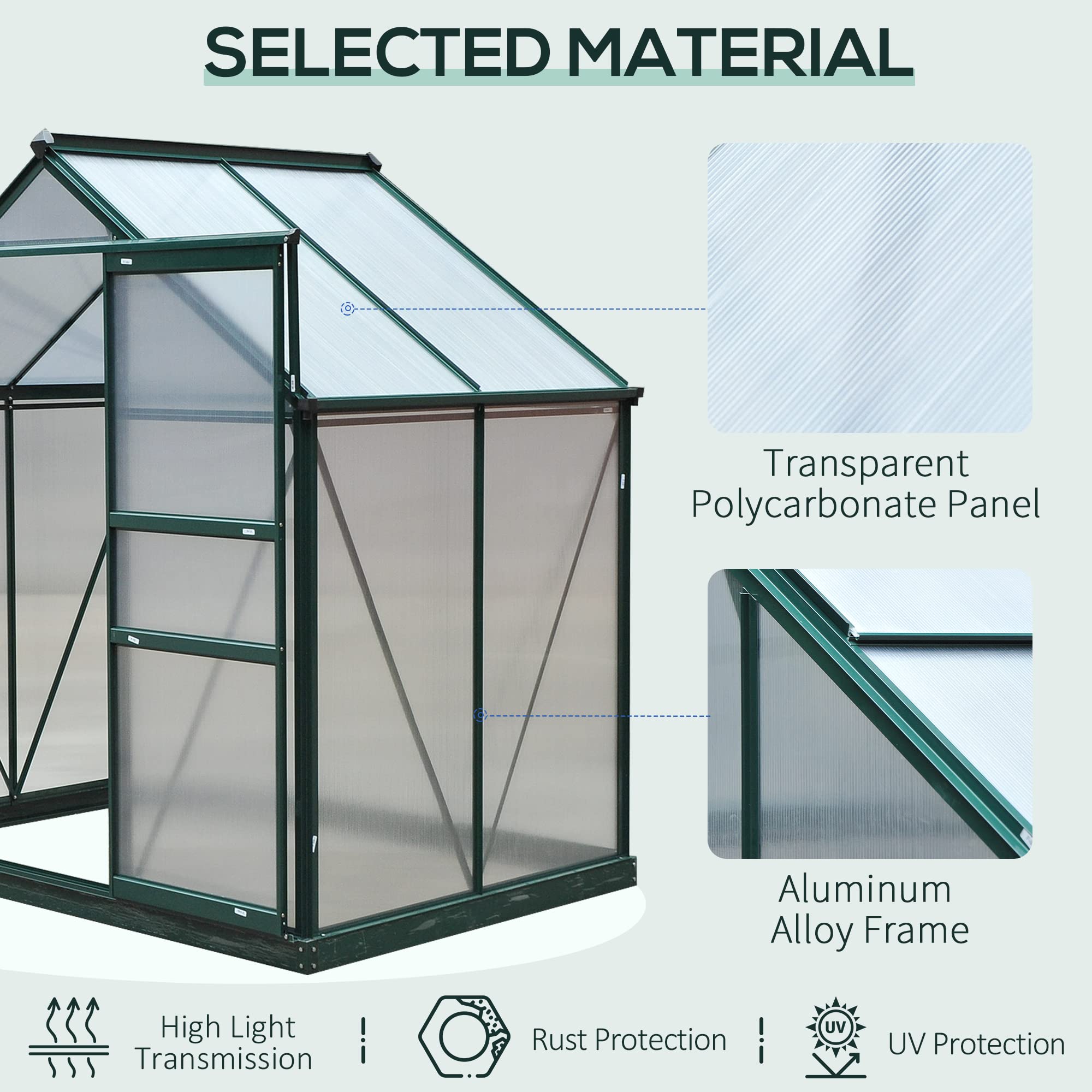 Outsunny 6' x 4' Polycarbonate Walk-in Greenhouse for Outdoor Gardens - Durable Aluminum Frame with Rain Gutter & Roof Vent - Perfect for Backyard, Patio & Home Gardening (Dark Green)