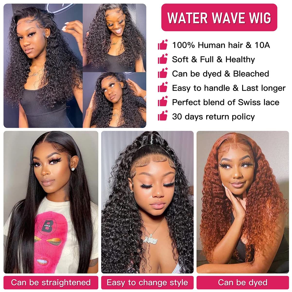 30 Inch Water Wave Lace Front Wigs Human Hair - Pre Plucked 13x4 HD Transparent Lace - 180% Density Deep Curly Glueless Wig for Women - Natural Black Human Hair Wig for Daily Wear, Parties & Cosplay