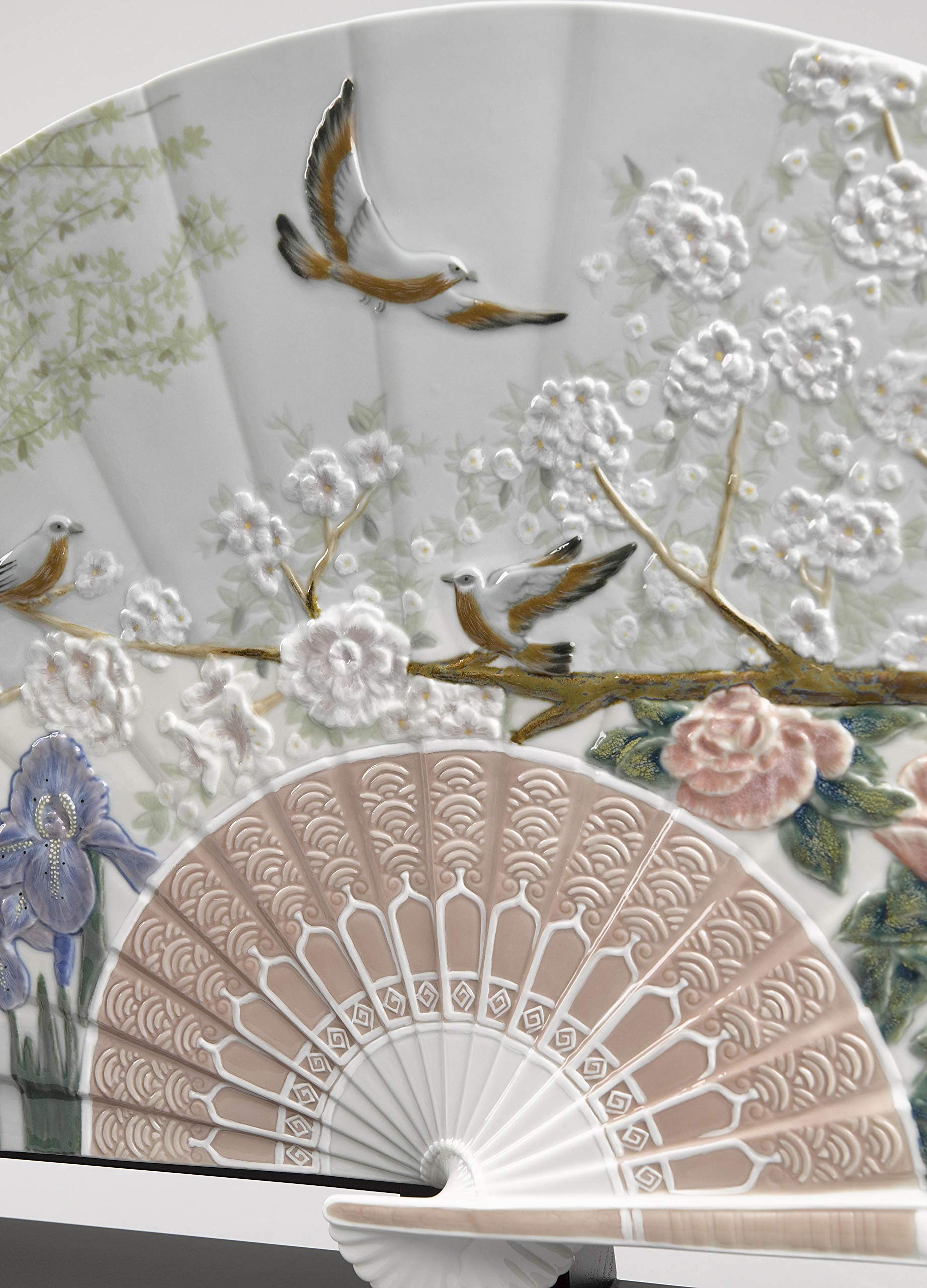 LLADRÓ Iris and Cherry Flowers Porcelain Hand Fan - Limited Edition Decorative Fan for Home Décor & Collectors