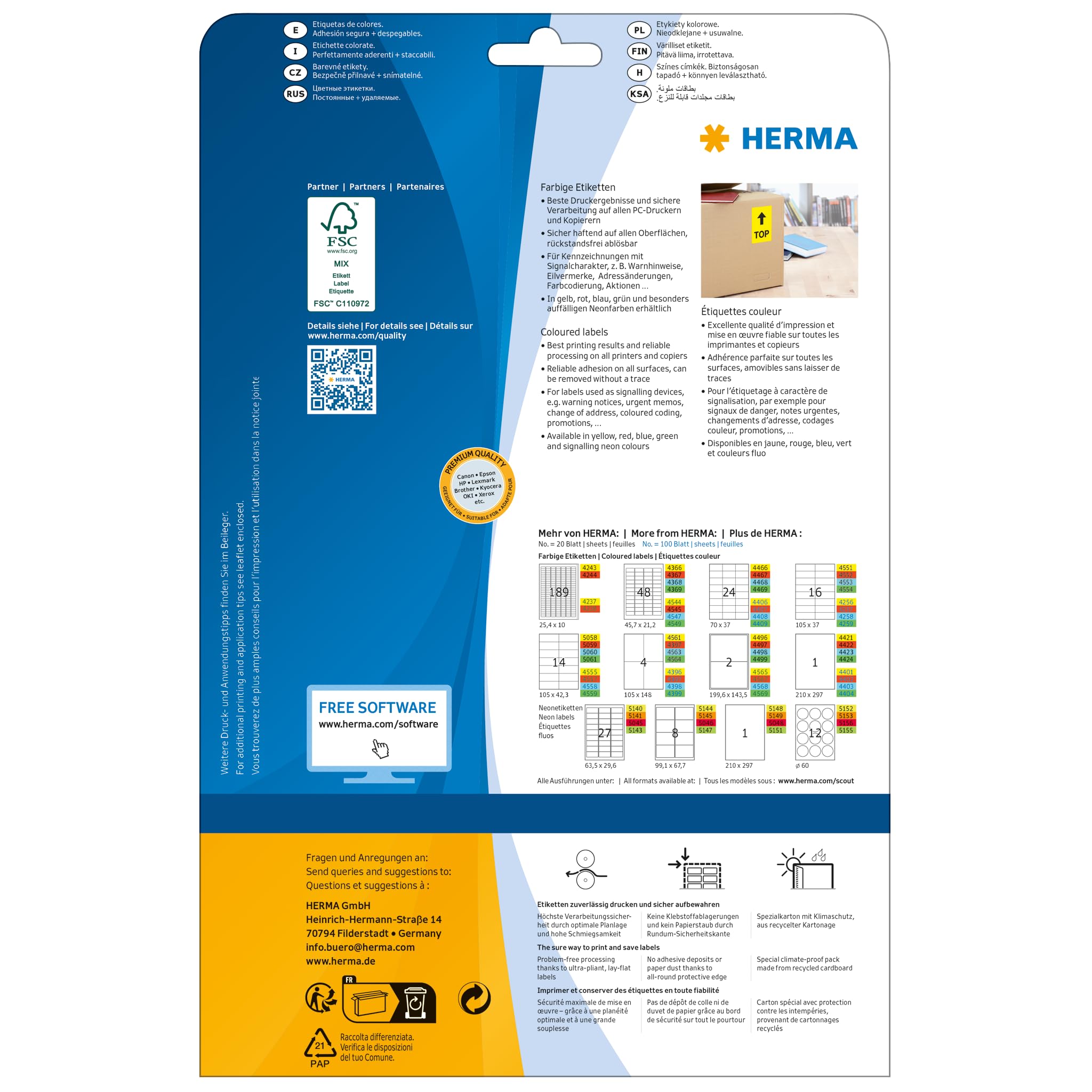 HERMA 4466 Self Adhesive Colored Labels - 480 Blank Removable Stickers (70x37mm, 24 Labels/Sheet, 20 Sheets) for Laser & Inkjet Printers - Yellow - Perfect for Office Organization, Mailing & Product Labeling