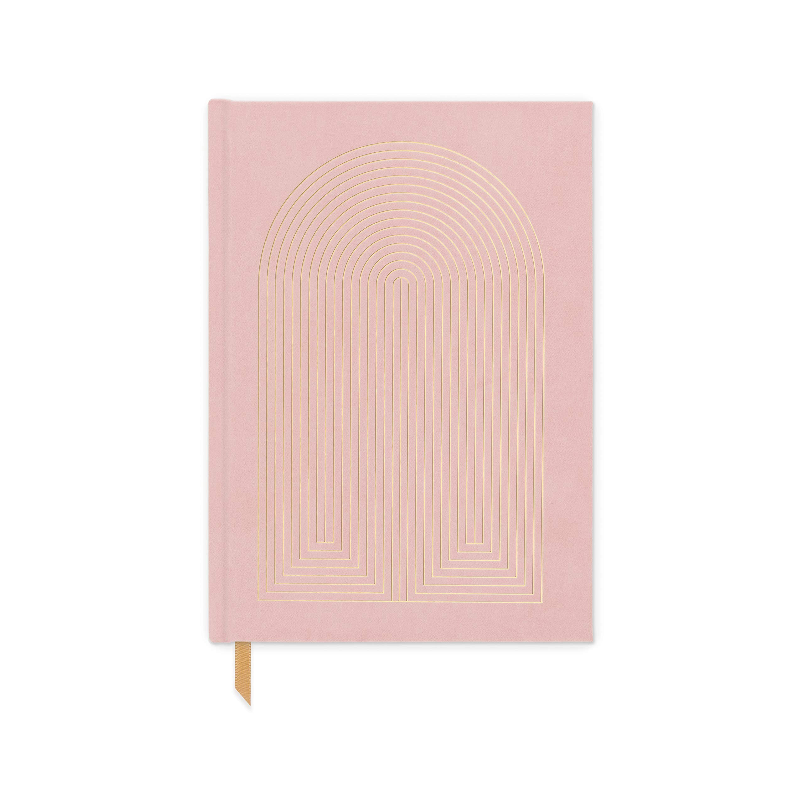 Premium Suede Cloth Hardcover Journal Notebook - Lined Pages, Ribbon Bookmark & Storage Pocket - Dusty Pink with Gold Rainbow Design (5.75