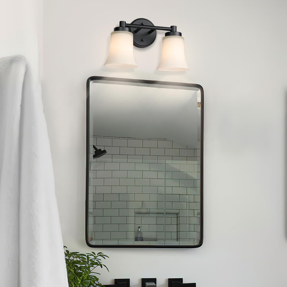 Vintage 2-Light Bathroom Vanity Sconce with Glass Shade - Black Wall Mounted Lighting Fixture for Bathroom, Powder Room & Dressing Area | Model XB-W1235-2-MB