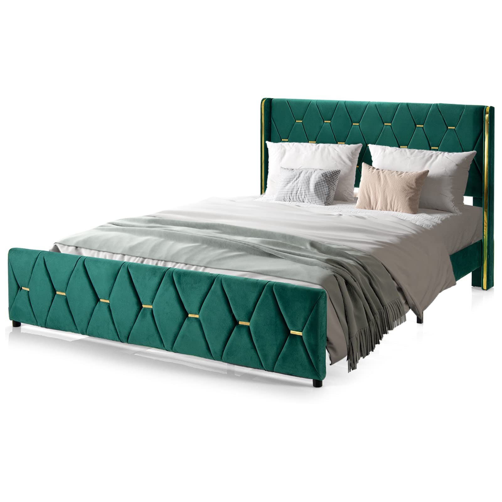 Giantex Full Size Upholstered Platform Bed Frame with Adjustable Headboard - Wooden Slat Support, Heavy Duty Gold Trim Tufted Design - No Box Spring Needed - Easy Assembly - Green Velvet - Perfect for Modern Bedrooms, Guest Rooms & Small Spaces