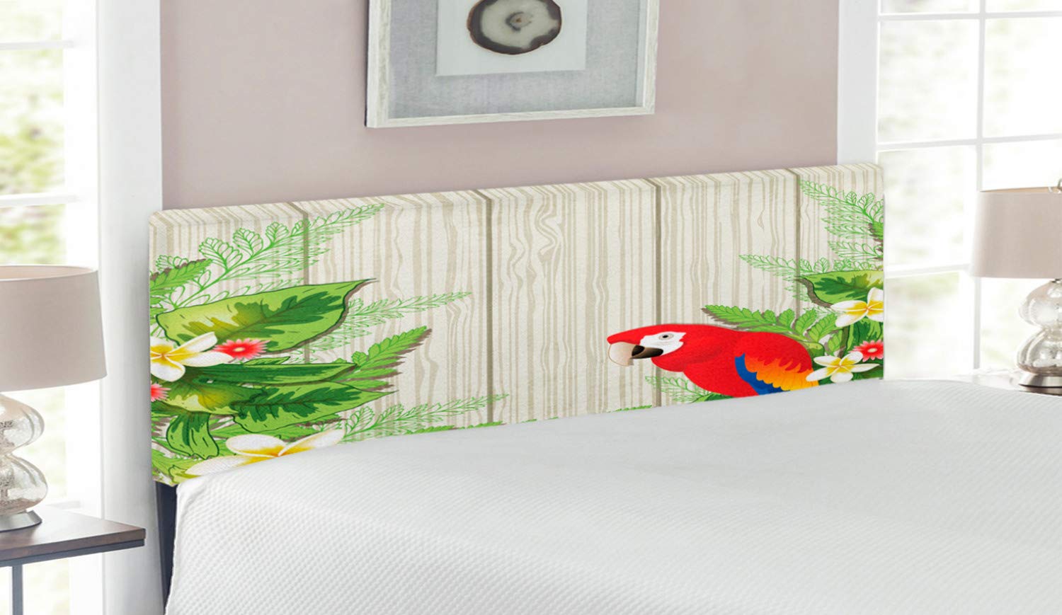 Ambesonne Parrot Headboard - Tropical Flowers & Parrot Summer Garden Design, Upholstered Wooden Wall Art with Memory Foam - Queen Size Bed Headboard in Cream Green Red | Perfect for Bedroom Decor, Tropical Theme Rooms & Vacation Home Styling