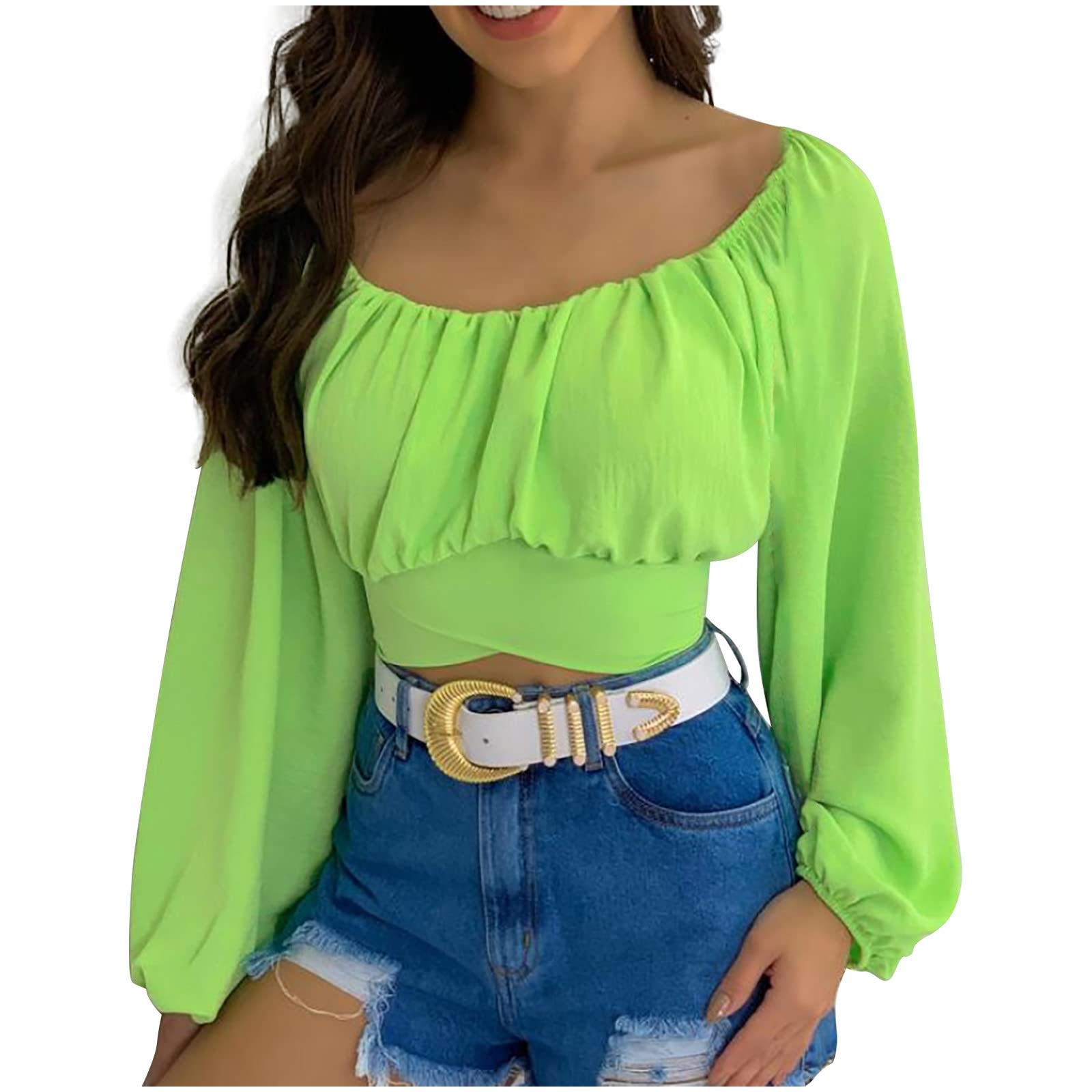 Women's Cropped Off Shoulder Puff Sleeve Blouses - Summer Long Sleeve Sexy Solid Color Pleated T-Shirts & Trendy Casual Tops | Perfect for Beach Outings, Date Nights & Summer Parties