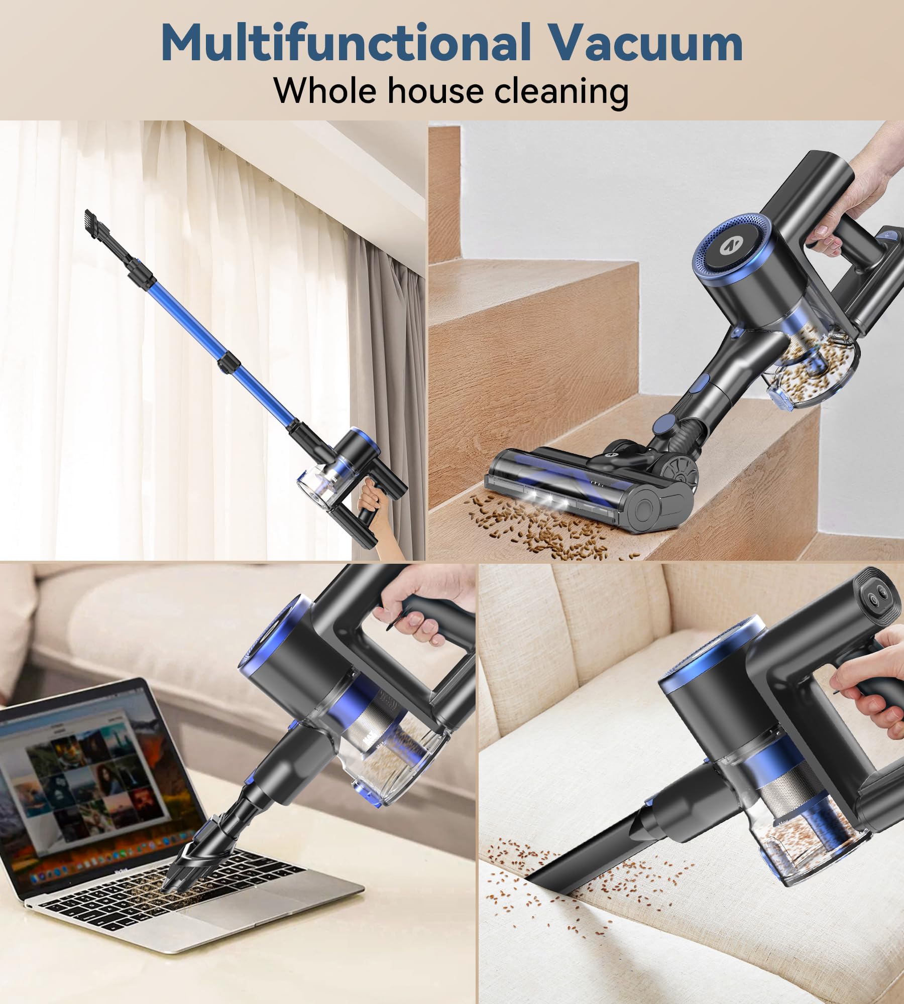 NADALY Cordless Stick Vacuum Cleaner - 3 Powerful Suction Modes, 45 Min Runtime, Anti-Tangle Technology, 8-in-1 Rechargeable for Carpets, Pet Hair & Hard Floors - Perfect for Home Cleaning, Car Detailing & Pet Owners