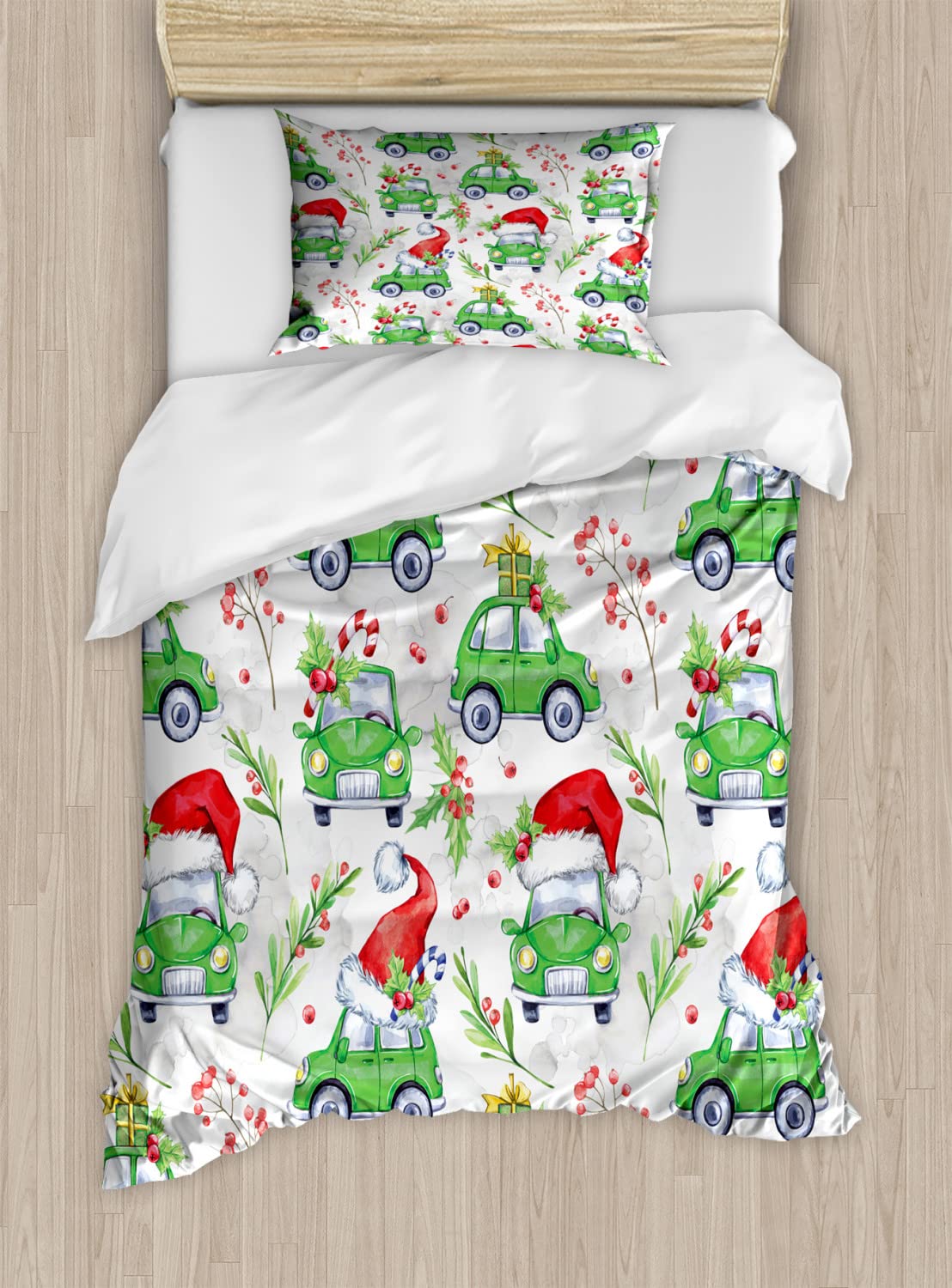 Ambesonne Cars Duvet Cover Set - Christmas Santa Hat Design with Green Cars, 2 Pack King Size Bedding Set (2 Duvet Covers + 4 Pillowcases) in Lime Green & Scarlet - Perfect for Holiday Decor, Christmas Gift & Winter Bedroom Makeover