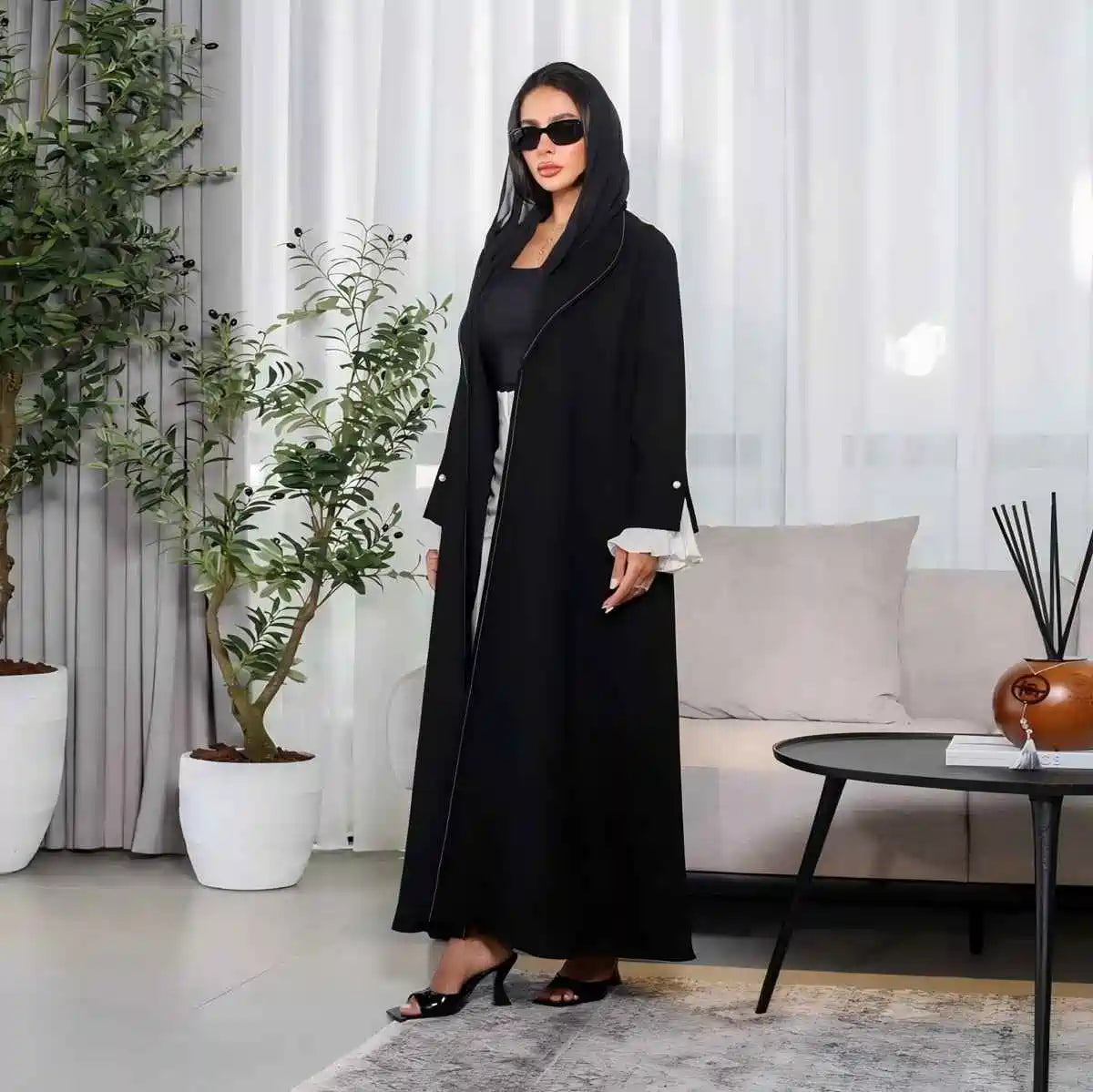 Urgarment Black Pleated Sleeve Open Abaya Dress #25170 - Elegant Muslim Women's Cardigan for Prayer, Home & Special Occasions