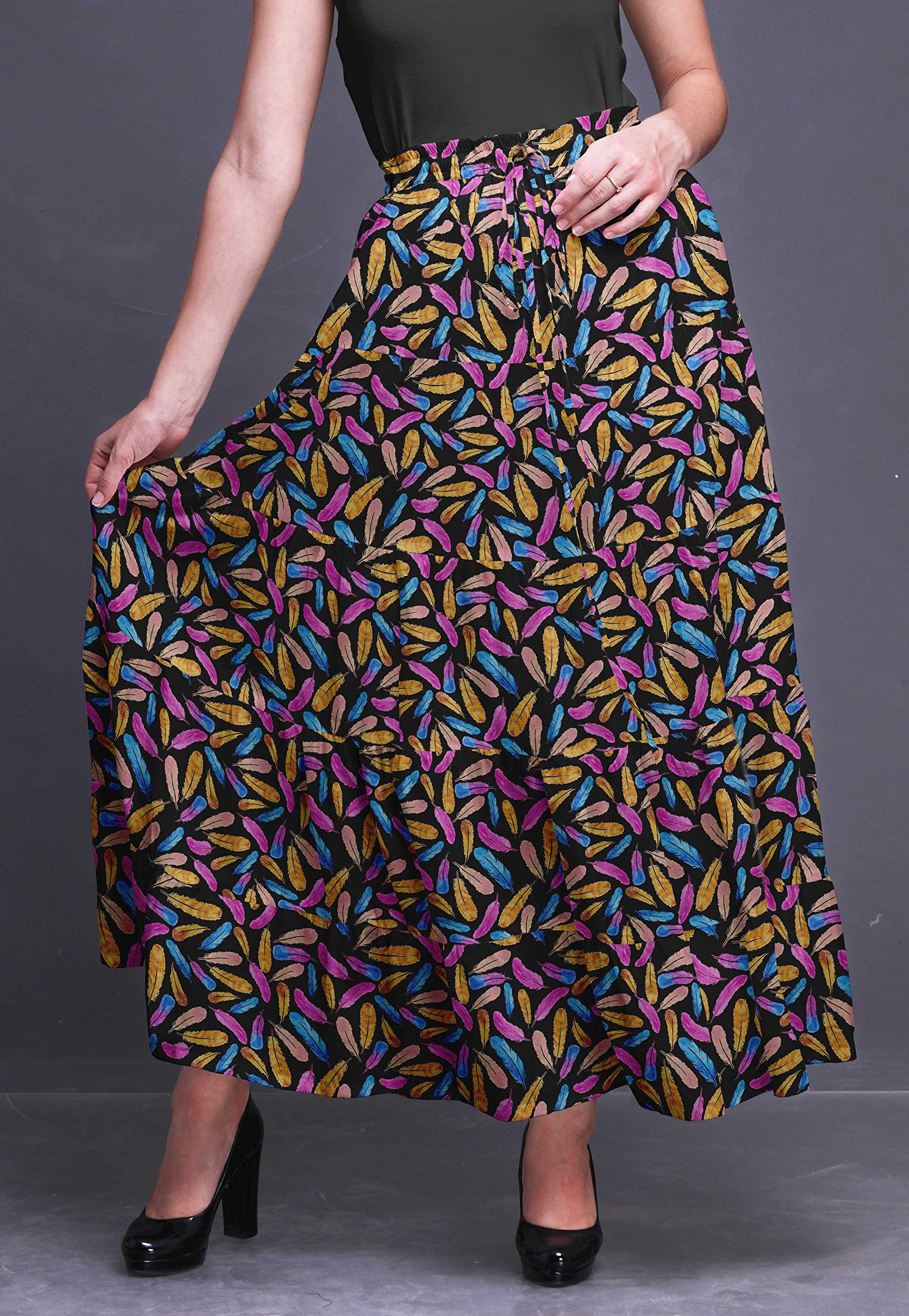 Boho Printed Long 5-Tier Cotton Skirt for Women - Flowy Maxi Skirt with Elastic Waistband for Beach, Vacation & Summer Outfits