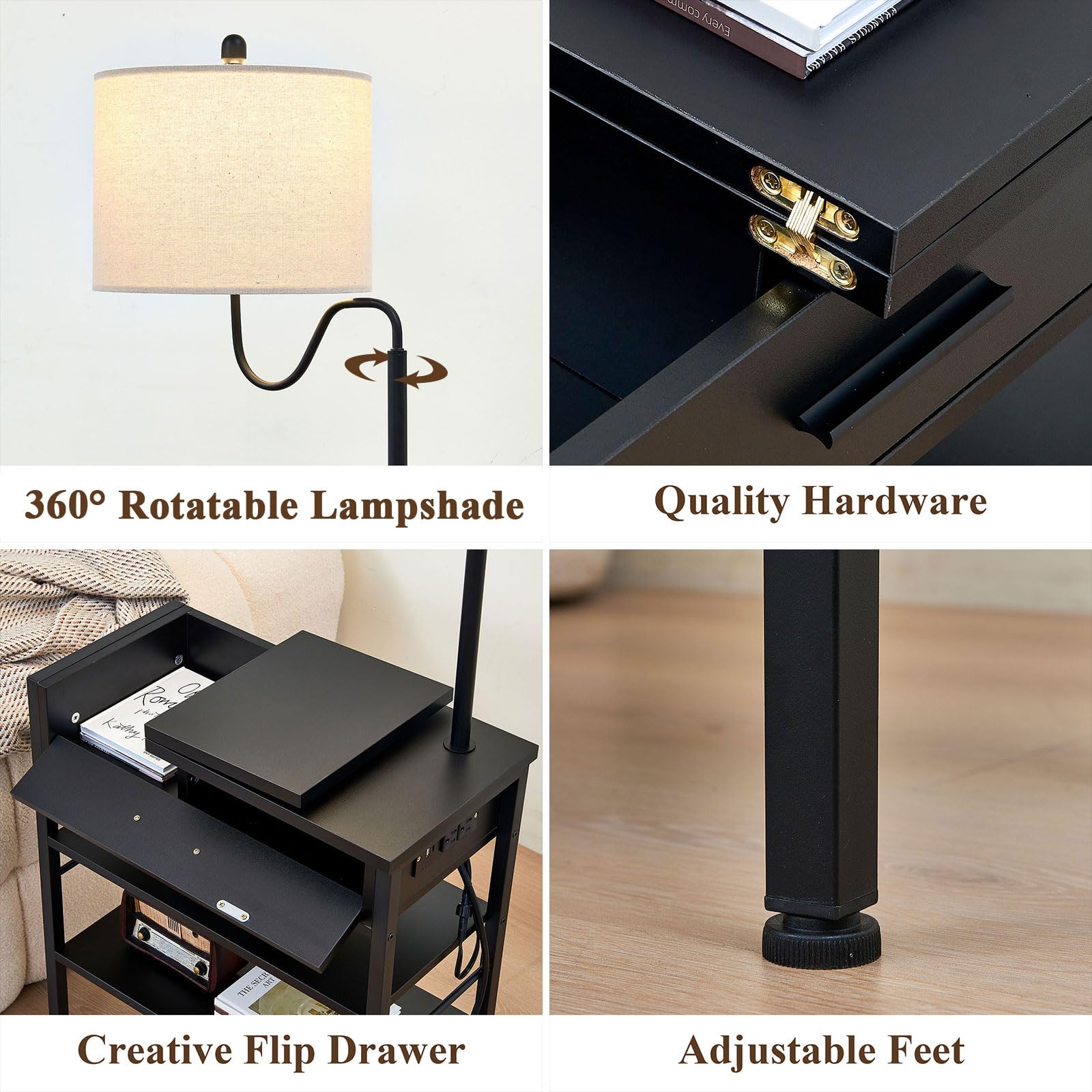 Topotdor Rustic Wooden Floor Lamp with Side Table - USB Port & Outlets, Adjustable Shelves for Bedroom, Living Room & Home Office - Black - Perfect for Reading, Working & Nightstand Lighting