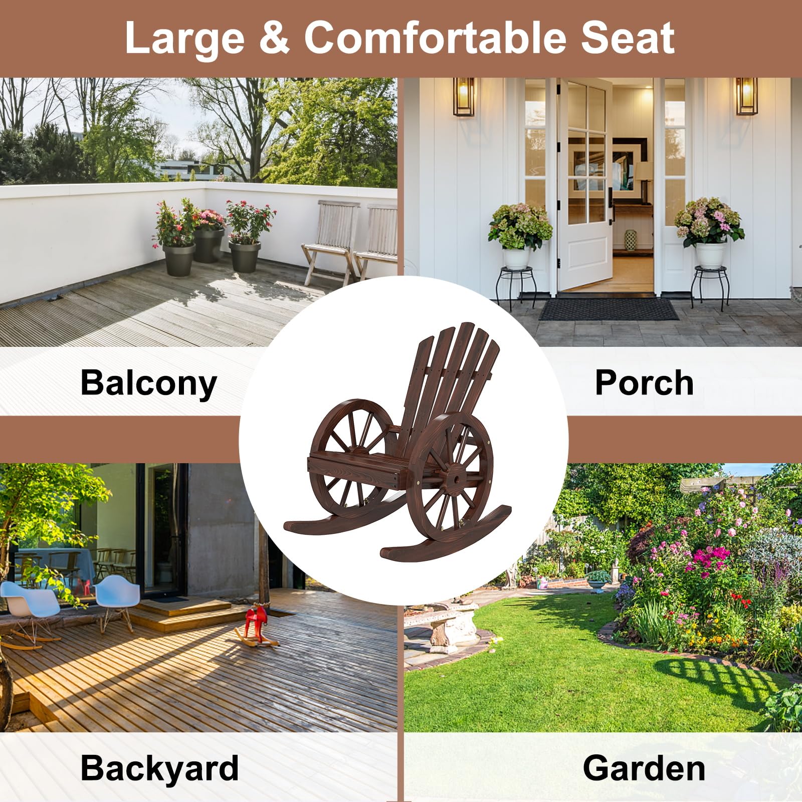 Kinbor Wooden Outdoor Rocking Chair - Comfortable High Back Slat Rocker for Porch, Patio, Lawn & Garden - Reclining Seat for Relaxing in Backyard, Poolside or Sunroom
