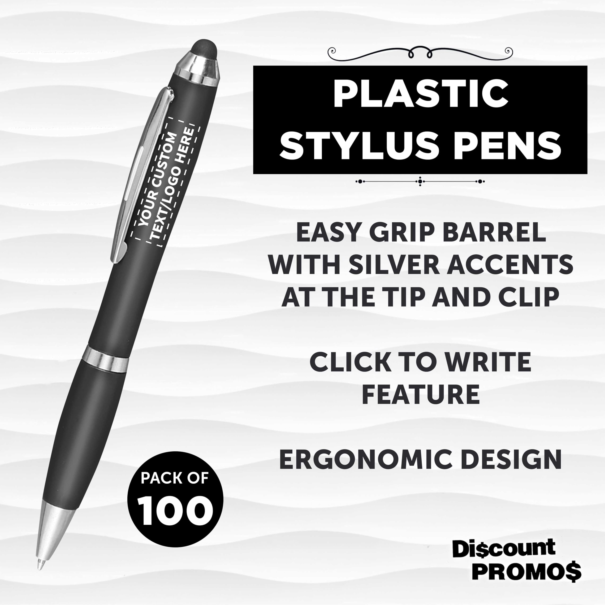 Custom Plastic Stylus Pens Bulk Pack of 100 - Personalized Black Ink Stylus for Touchscreens - Perfect for Office, School, Business, Tradeshows & Events - Great for Tablets, iPads, Smartphones & Digital Signatures