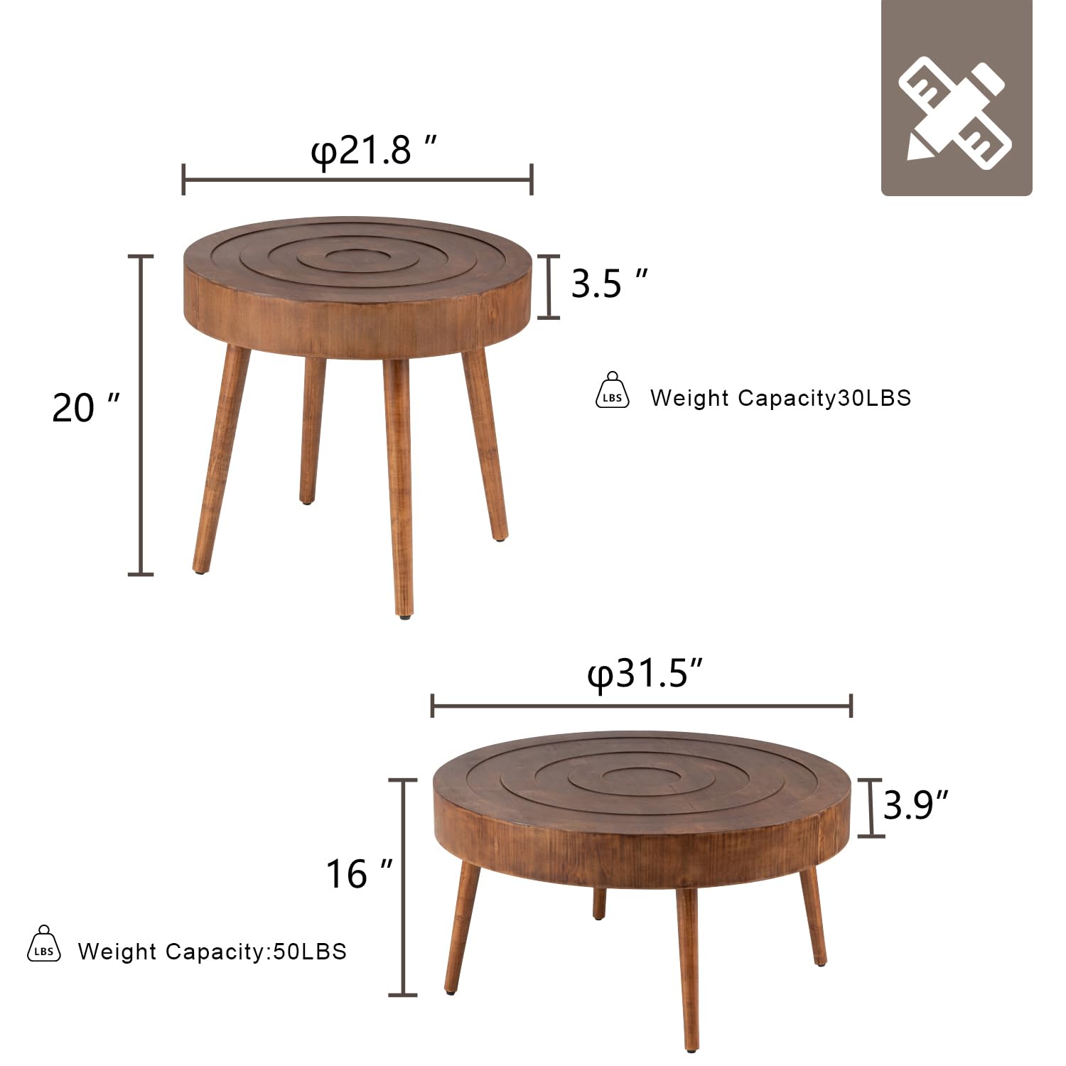 HOMPUS 2-Piece Round Nesting Coffee Table Set with Wood Grain Finish & Handcrafted Ring Pattern - Modern Accent Tables for Living Room, Perfect for Small Spaces & Coffee Lovers