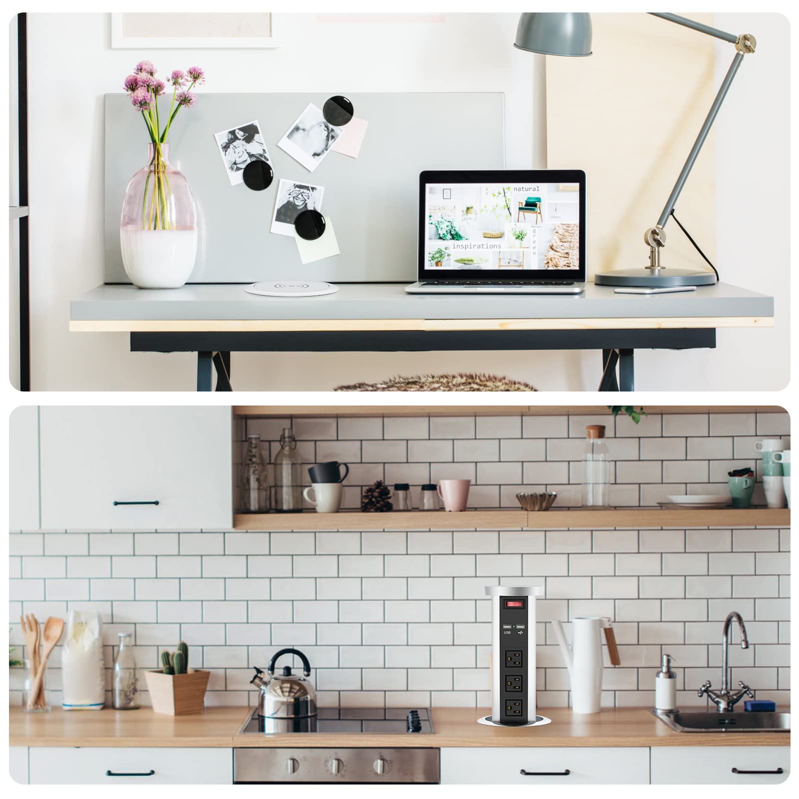 QBA Pop Up Outlet for Countertop - 3 AC Outlets, 2 USB Ports & Wireless Charger | Recessed Hidden Power Outlet for Kitchen Island, Conference Table, Office Desk | Silver Black Modern Design