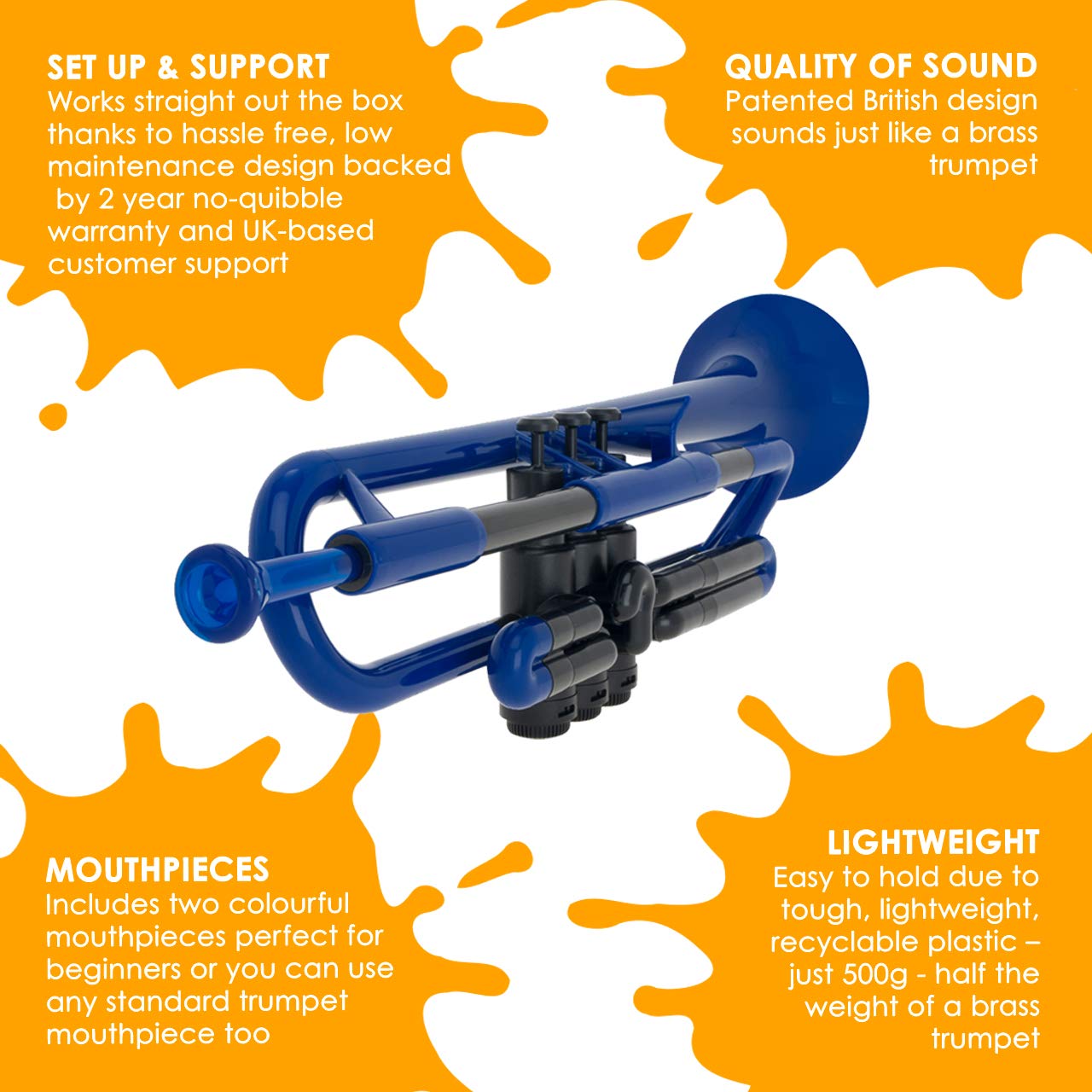 pBone PTRUMPET1B Blue Plastic Trumpet - Lightweight & Durable Musical Instrument for Beginners, Students & Travel - Perfect for School Bands, Practice & Outdoor Performances